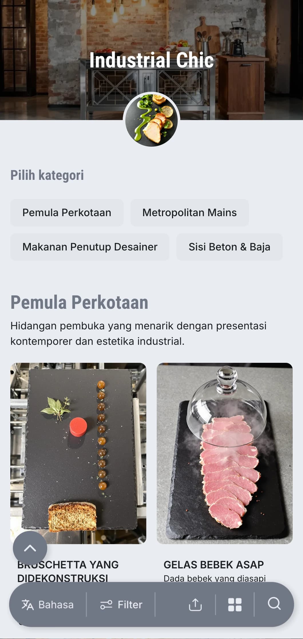 Presentasi katering yang mentah dan edgy dengan estetika urban modern, elemen metalik, dan tekstur beton untuk acara gudang dan pembukaan galeri.