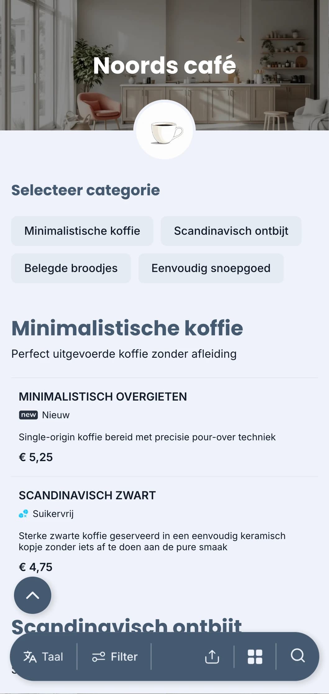 Strak Scandinavisch geïnspireerd ontwerp met koele blauwe tinten voor moderne, minimalistische cafés.