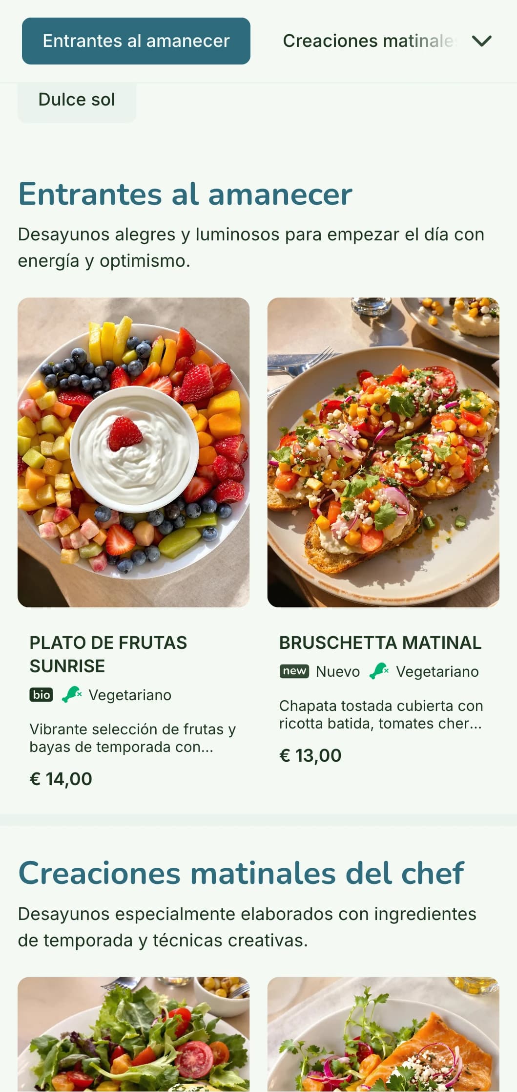 Brillante y alegre menú de desayuno con ingredientes frescos y coloridos en un ambiente de bistró informal pero refinado.