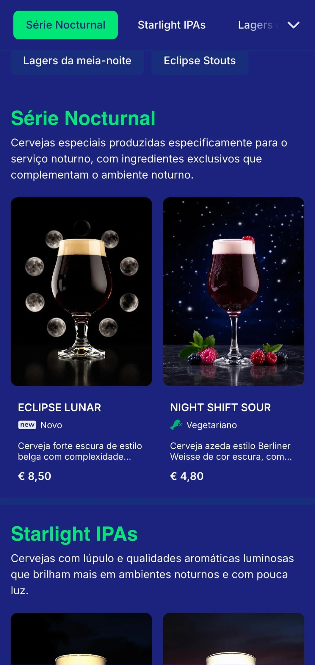Design escuro e misterioso com tons de azul meia-noite e elementos lunares, ideal para estabelecimentos voltados para a noite e cervejarias noturnas.