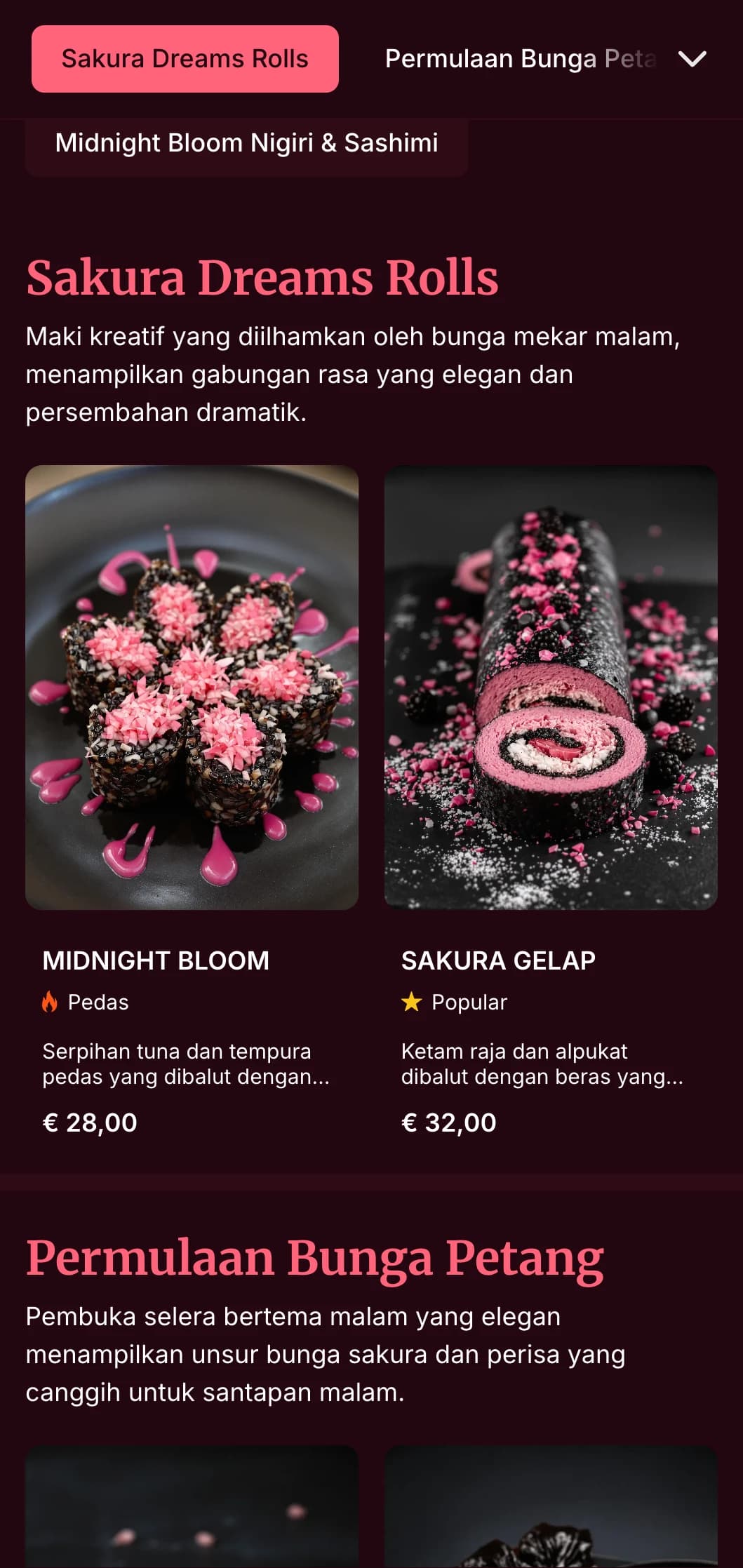Pengalaman sushi malam yang elegan dengan motif bunga sakura yang dramatik dengan burgundy dalam untuk santapan mewah.