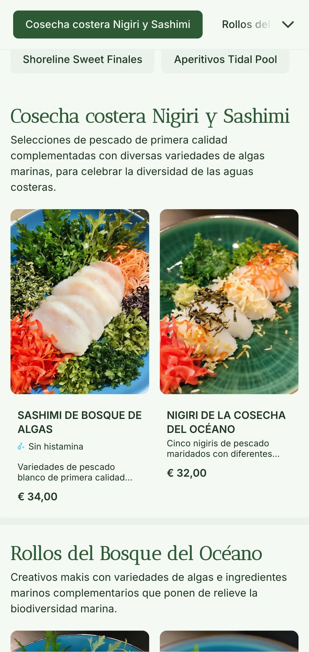 Fresco menú de sushi inspirado en el océano con profundos tonos verdes de algas para auténticos restaurantes de marisco.
