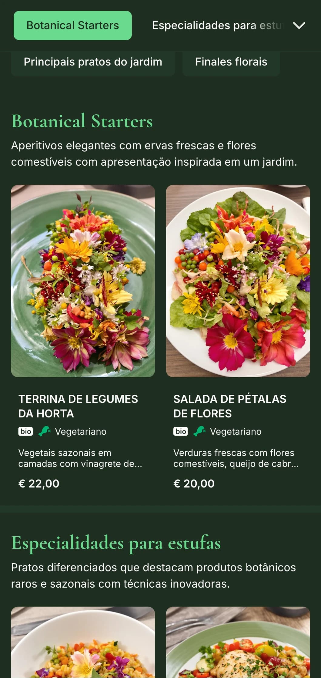 Um menu de jantar elegante com elementos botânicos exuberantes e tons de verde profundo, projetado para um jantar fino inspirado em um jardim.