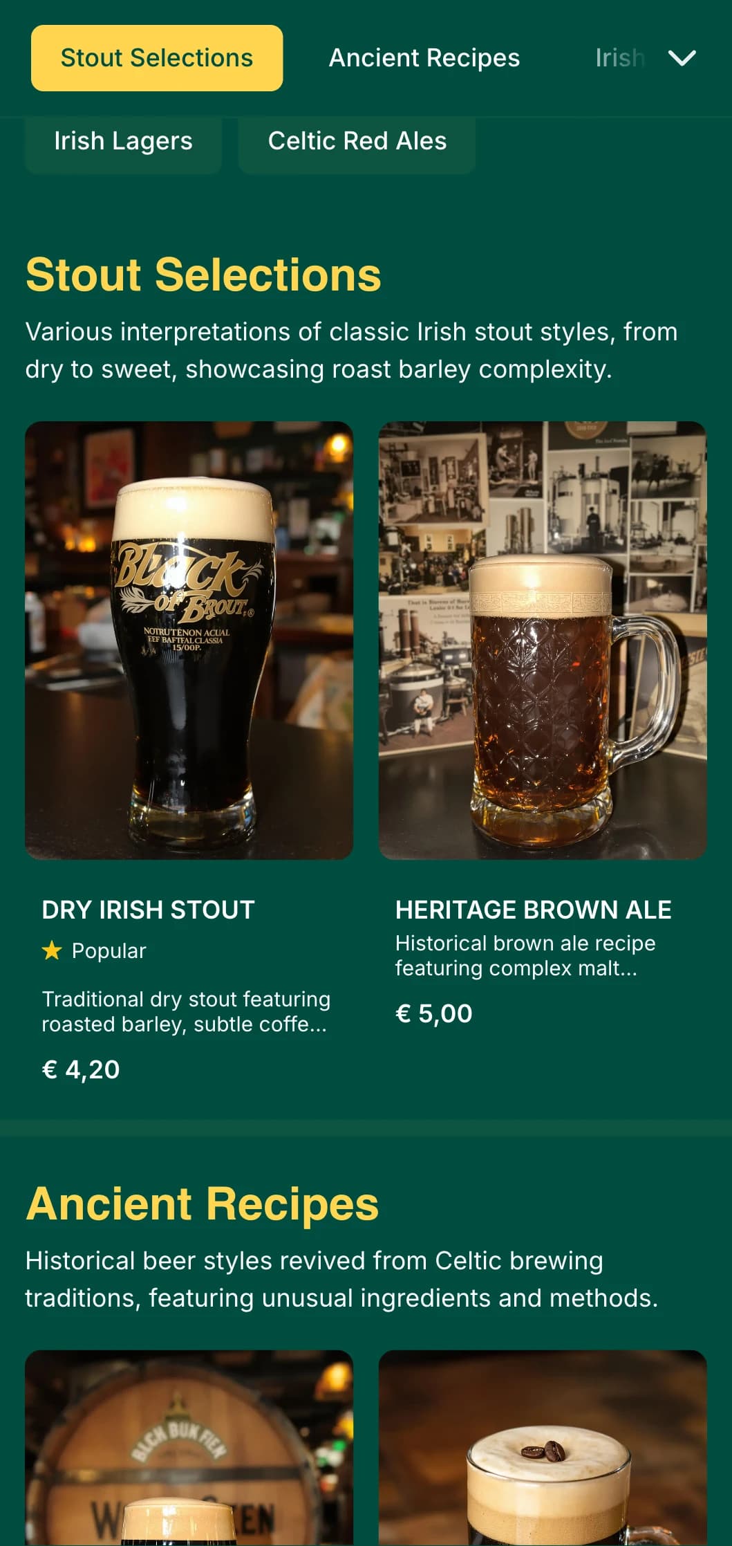 Traditional Irish pub-inspired template with emerald tones and Celtic knot accents, perfect for Irish-themed establishments.