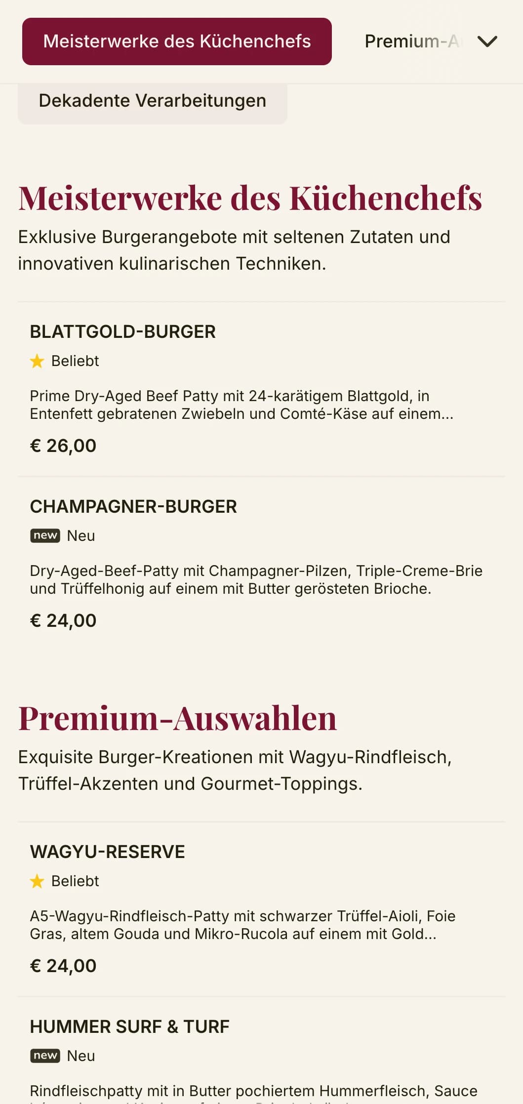 Hochwertiges Burger-Essen mit erstklassiger Typografie und reicher Farbpalette für ein gehobenes Burger-Erlebnis.