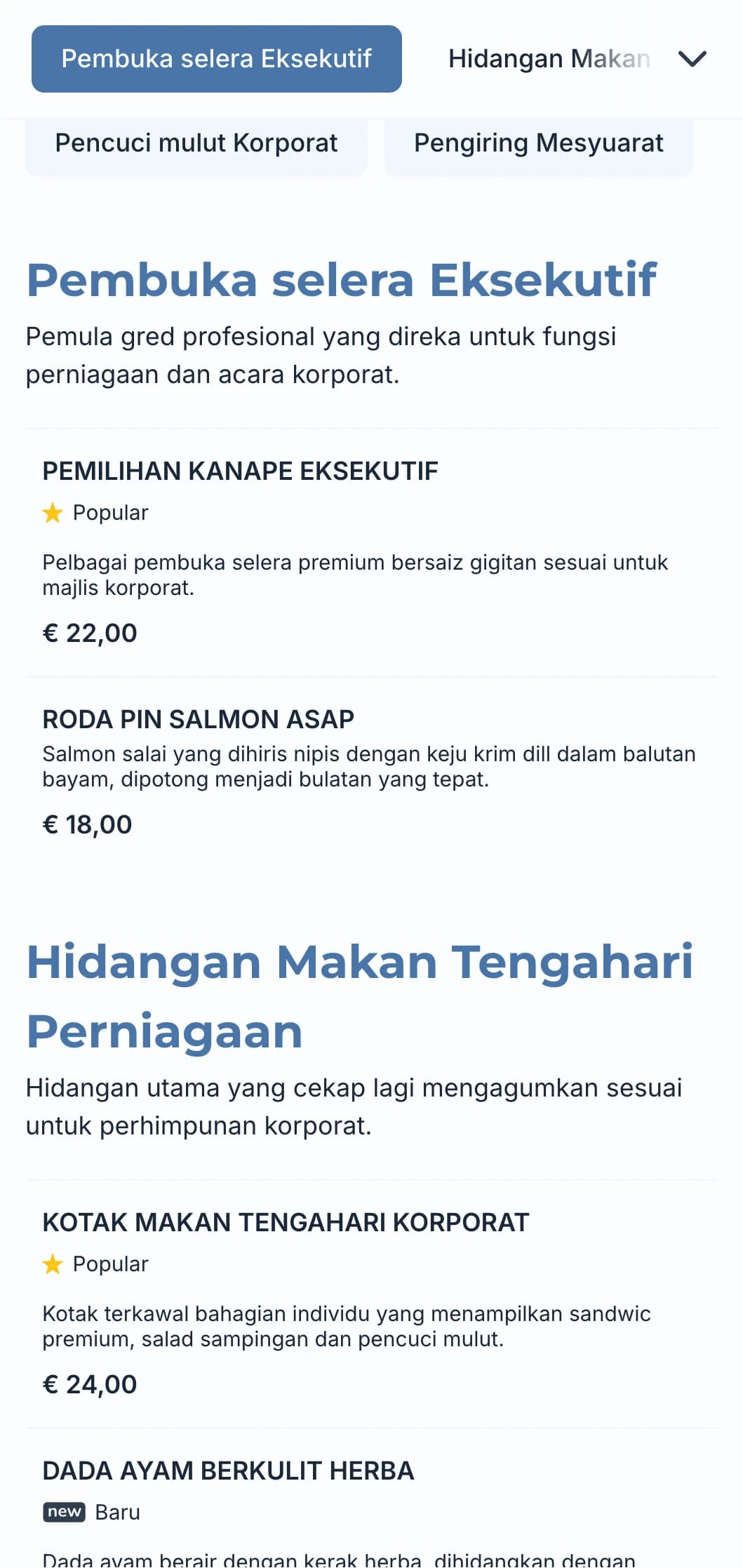 Perkhidmatan katering profesional yang direka untuk mesyuarat perniagaan dan acara korporat, memberi tumpuan kepada perkhidmatan yang cekap dan persembahan yang berkualiti.