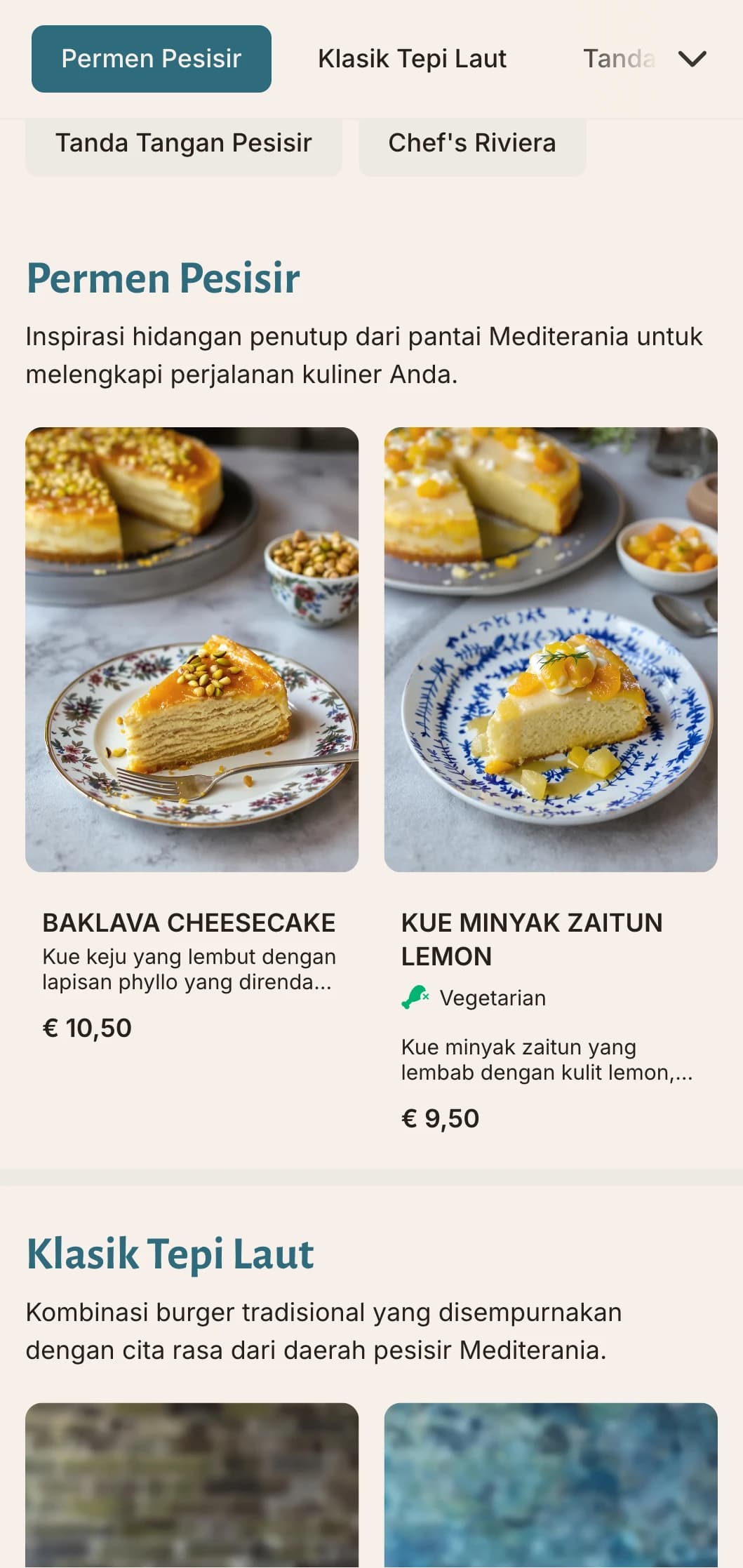 Menu burger yang terinspirasi dari pesisir dengan aksen biru Mediterania dan fokus pada bahan-bahan segar.