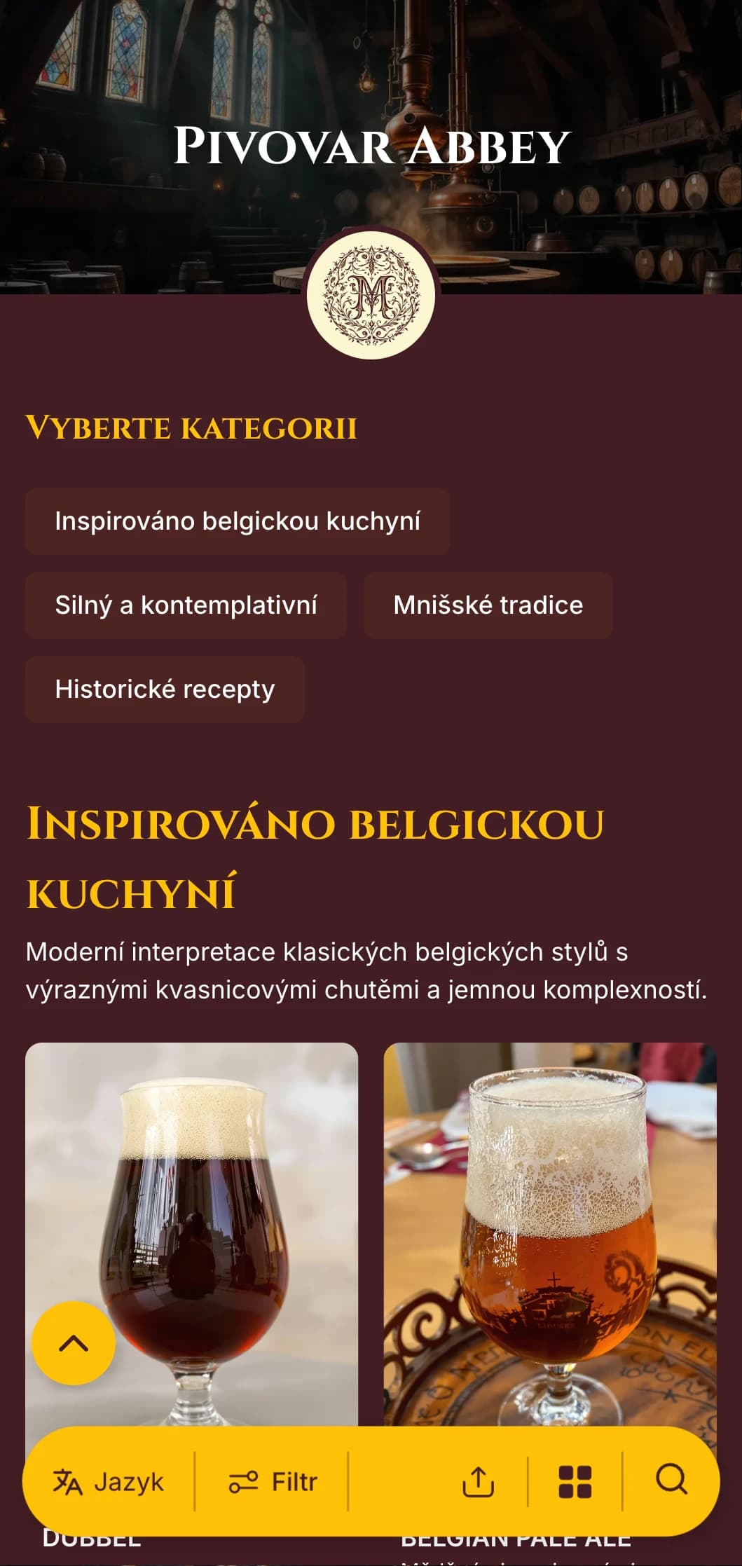 Elegantní a historický design inspirovaný klášterními pivovarnickými tradicemi, syté vínové tóny a klasická typografie.