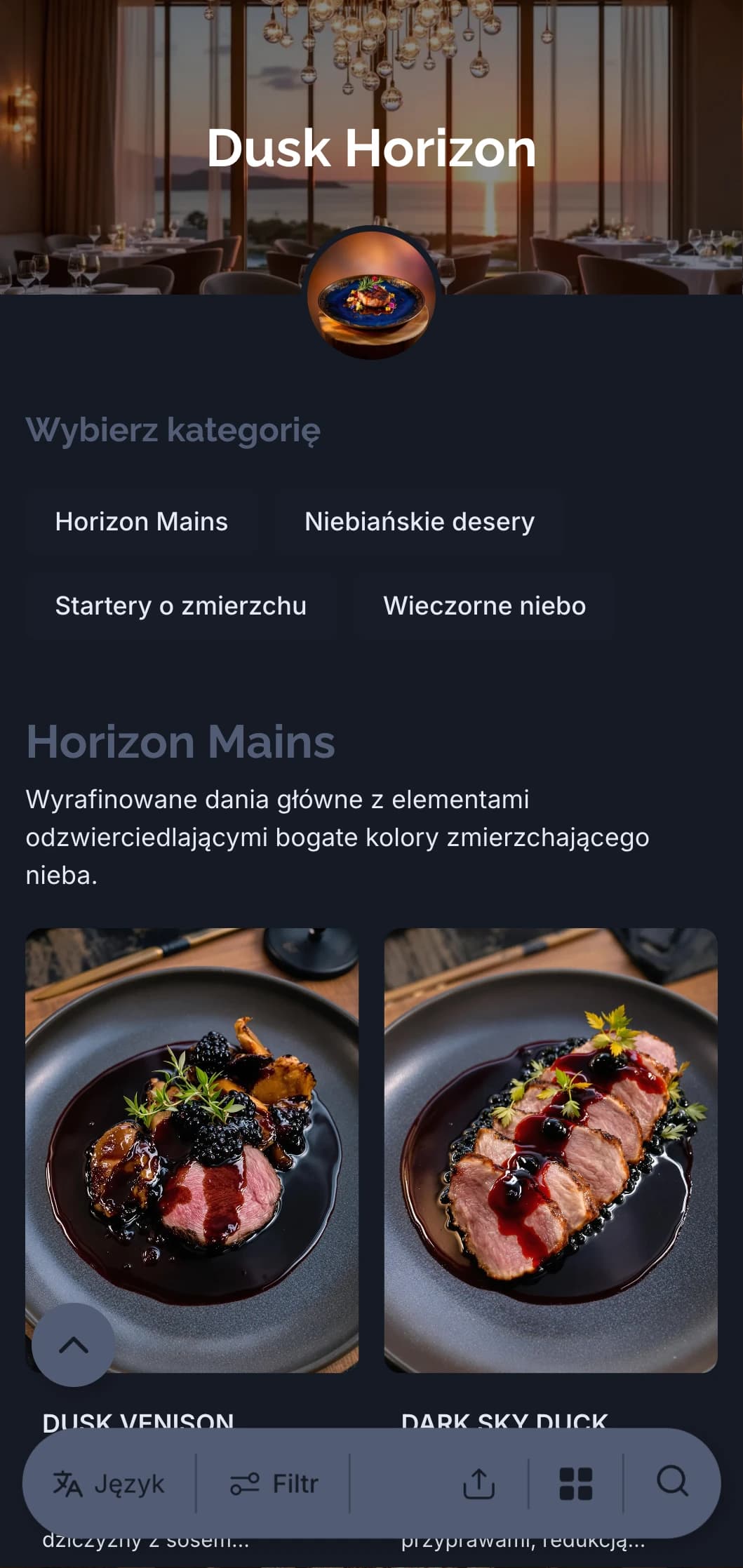 Wyrafinowana koncepcja wieczornych posiłków inspirowana wyrafinowanymi kolorami zmierzchu i zmierzchającego nieba.