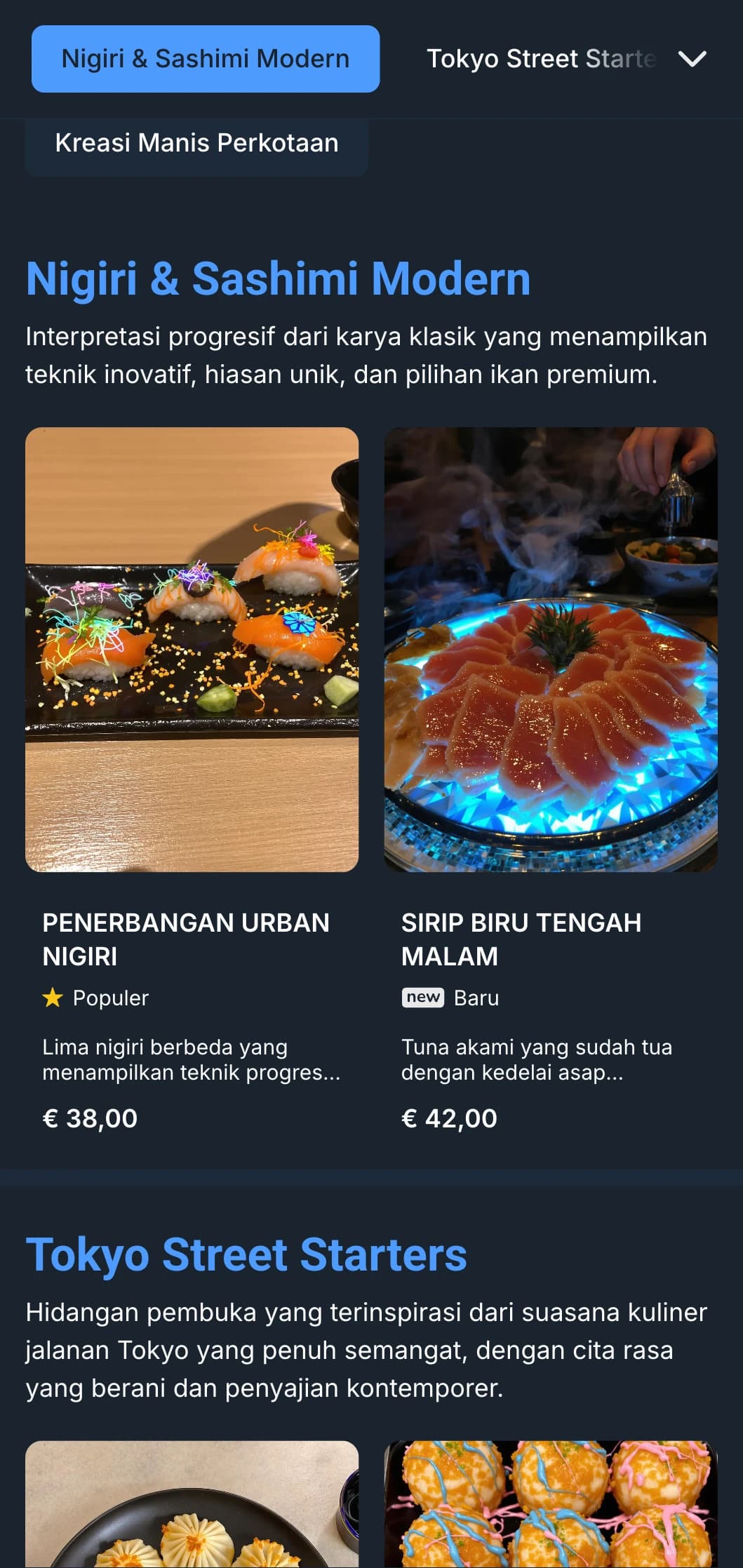 Menu sushi kontemporer yang berani dengan estetika dramatis yang terinspirasi dari malam hari, menampilkan aksen biru cerah dengan latar belakang arang yang pekat.