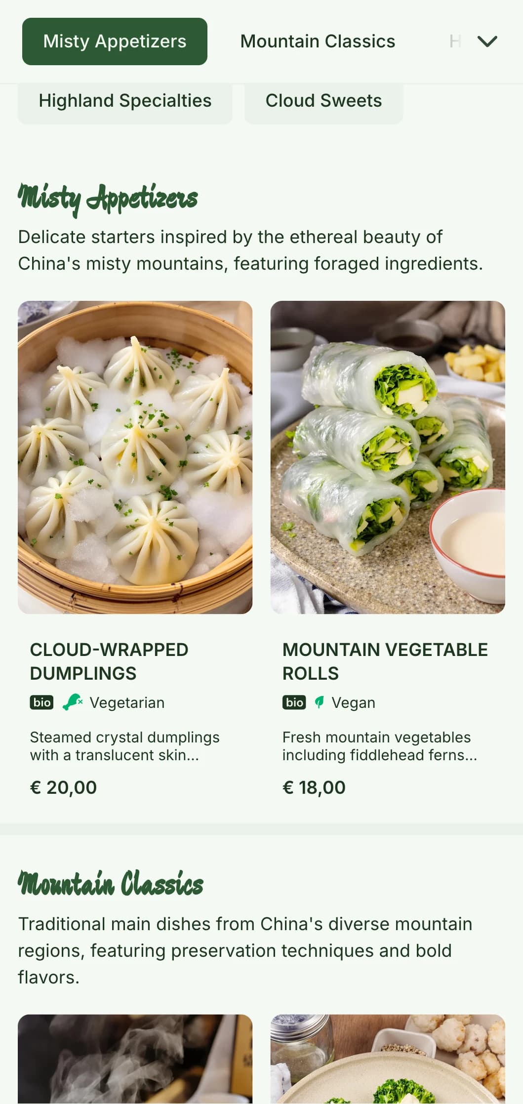 Serene Chinese menu design inspired by mountain landscapes and misty aesthetics for restaurants focusing on regional cuisine.