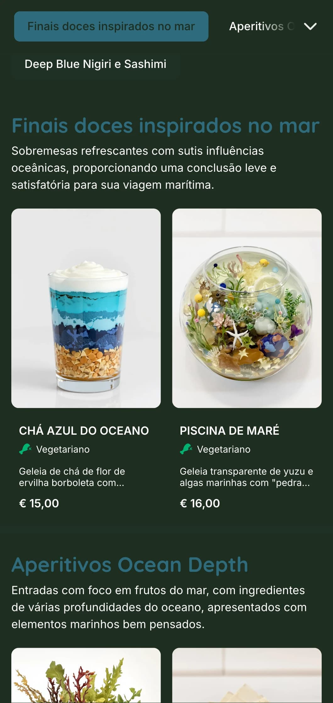 Tranquilo menu de sushi azul profundo inspirado nas profundezas do oceano, com elementos marinhos e ênfase em frutos do mar frescos.