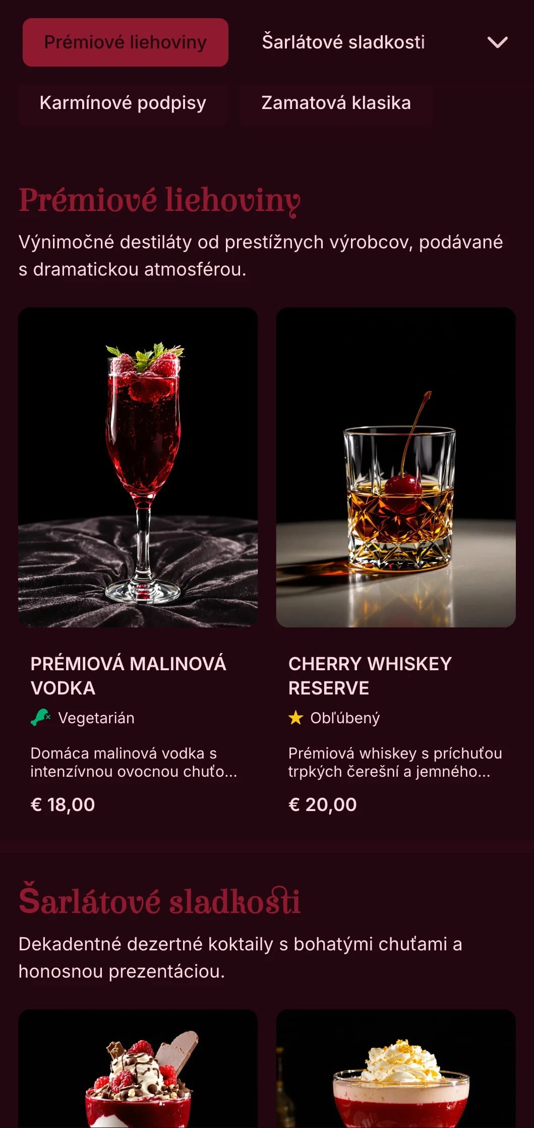 Luxusný, divadlom inšpirovaný dizajn pre luxusné koktailové salóny s bohatými karmínovými tónmi a dramatickou typografiou.