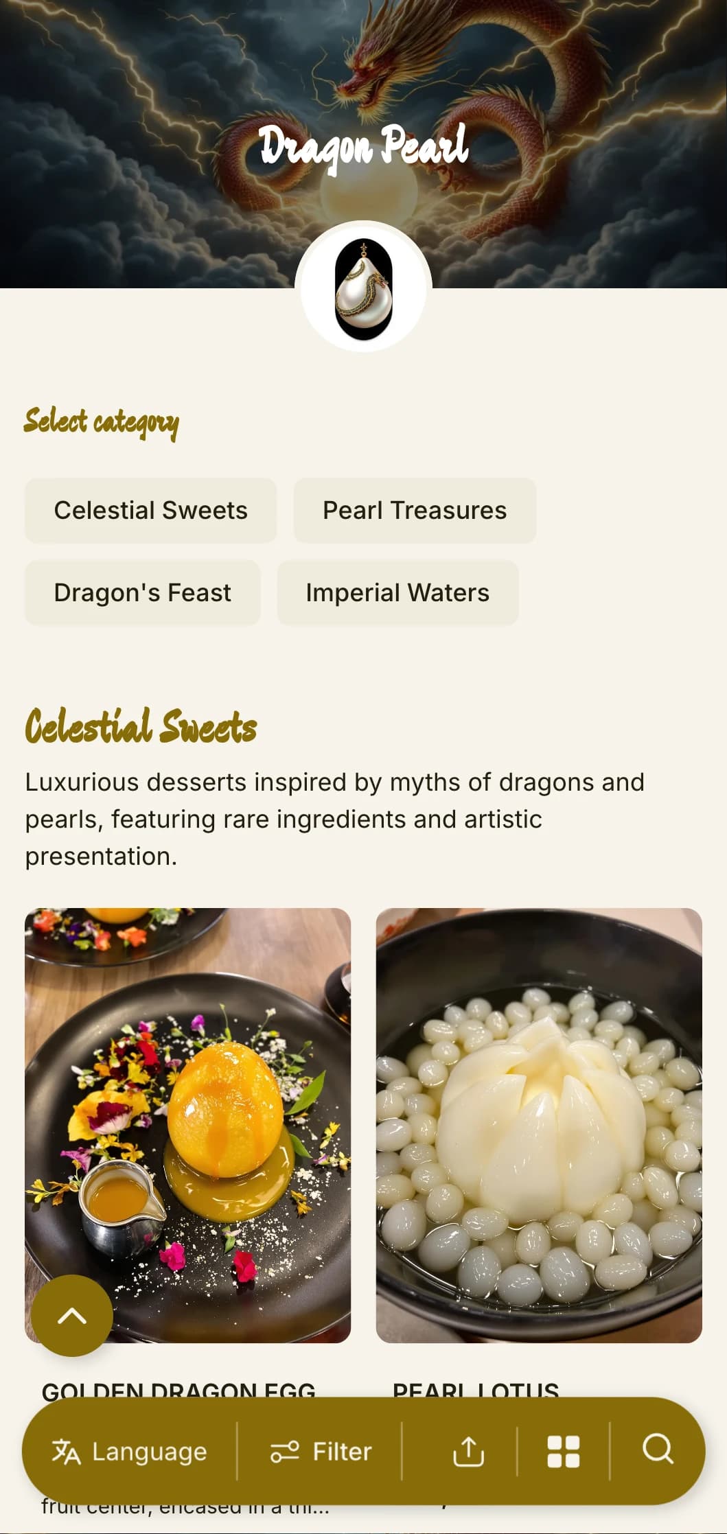 Luxurious Chinese menu design featuring dragon motifs and pearl accents, perfect for upscale Chinese seafood restaurants and special occasions.
