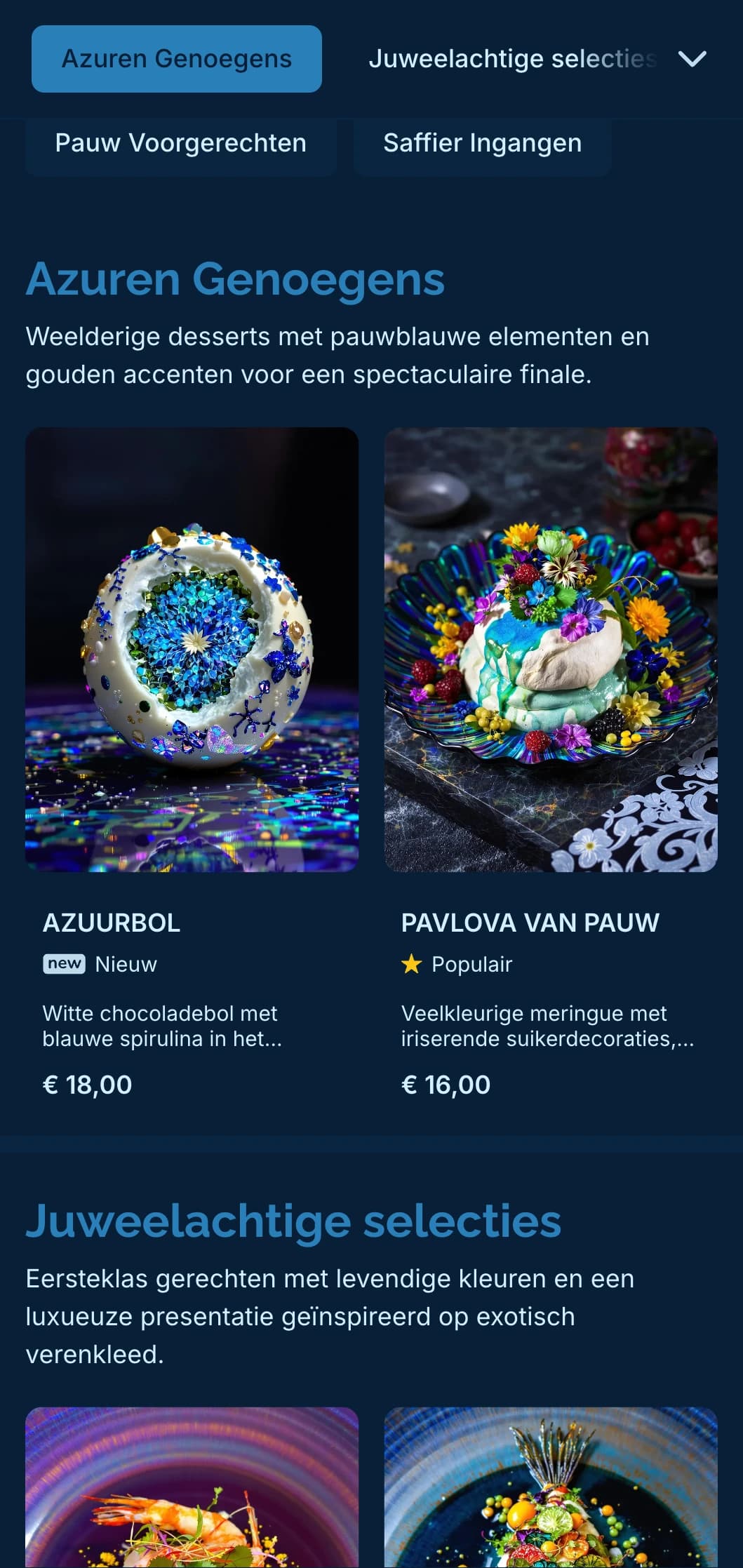 Levendig maar geraffineerd concept met pauwblauwe tinten en subtiele gouden accenten voor een luxueuze eetervaring.