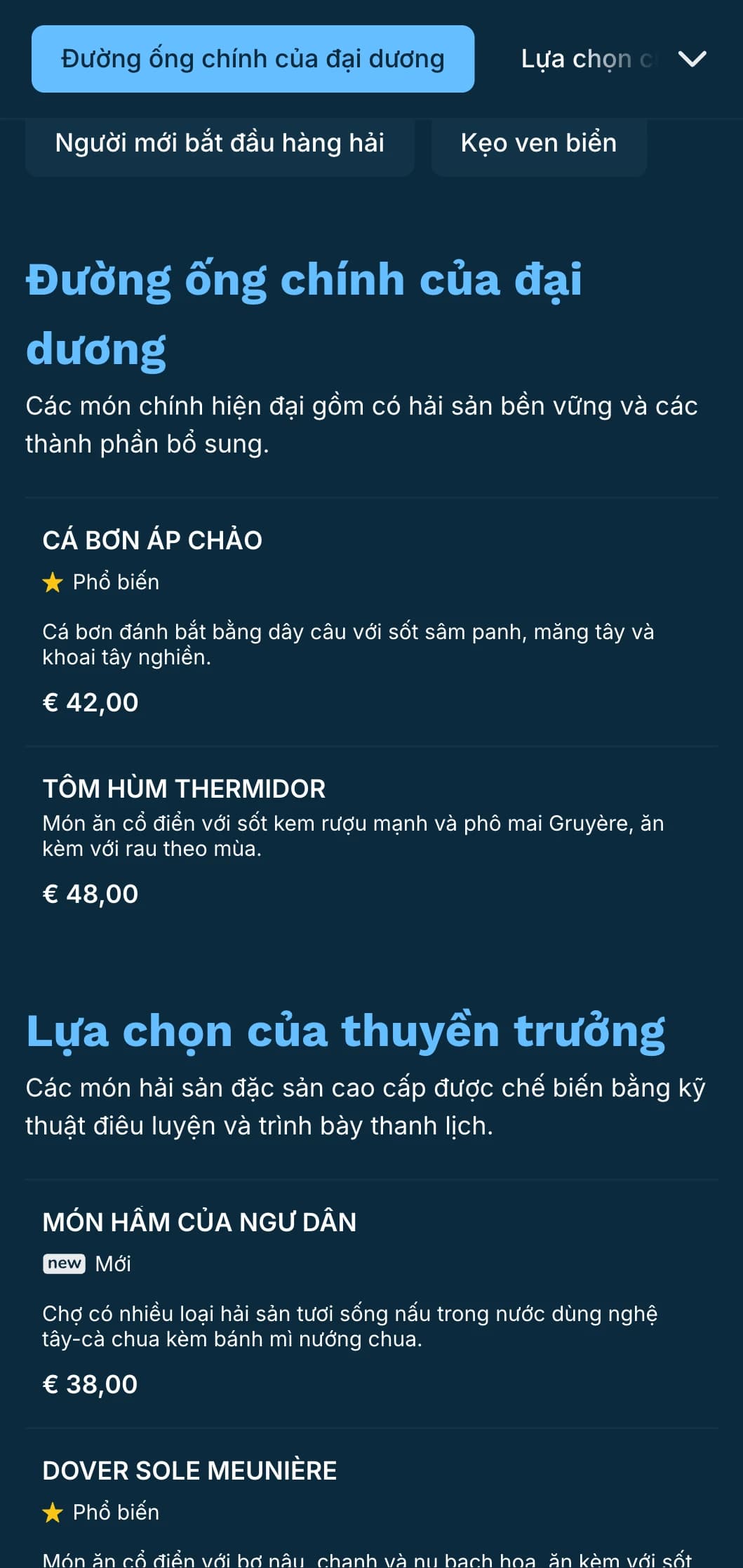 Thực đơn tối với tông màu xanh lam tươi mát mang phong cách hàng hải, hoàn hảo cho các nhà hàng hải sản cao cấp.
