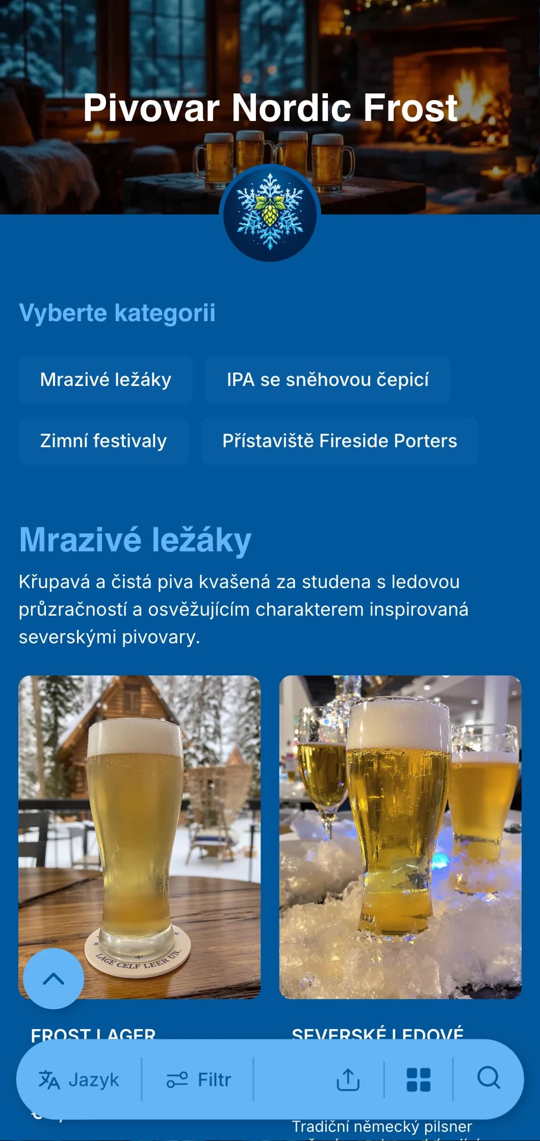 Chladný a svěží design se zimní tematikou, ledově modrými tóny a akcenty sněhových vloček, ideální pro zimní sezónní pivní menu.
