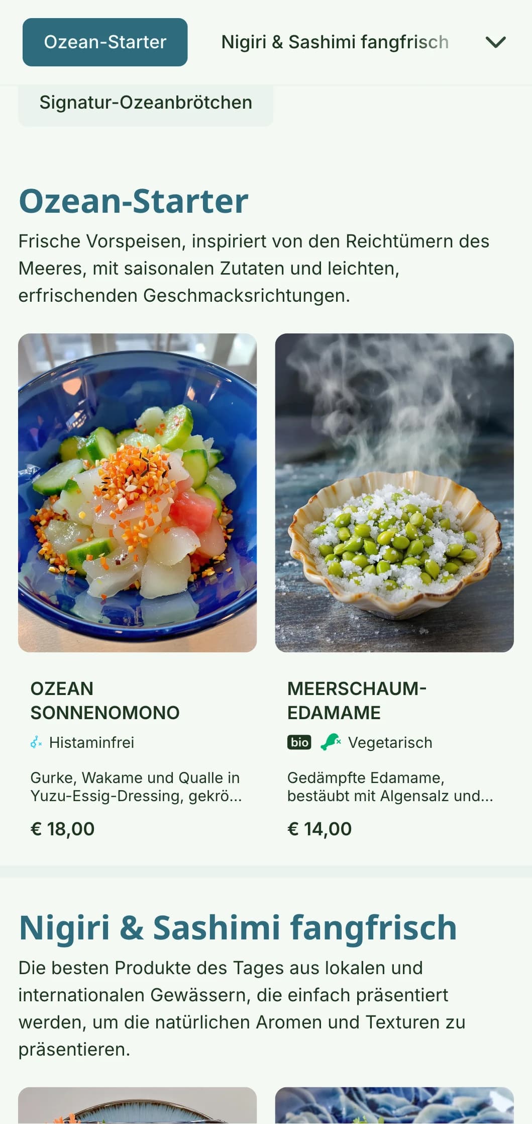 Frisches und lebhaftes Sushi-Menü-Design, inspiriert von den Farben des Ozeans, mit einer beruhigenden blauen Palette, ideal für Einrichtungen, die auf Meeresfrüchte spezialisiert sind.
