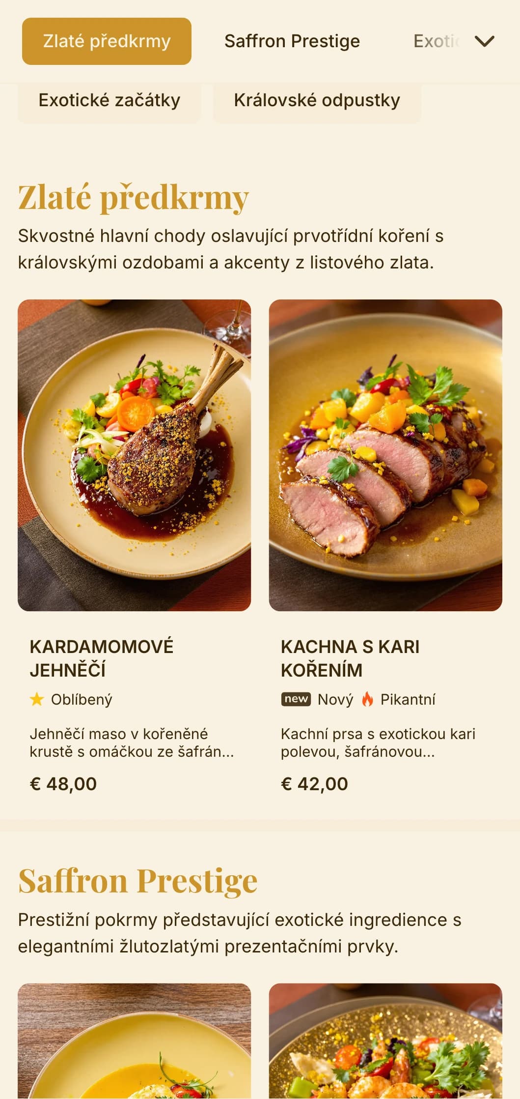 Opulentní koncept inspirovaný exotickým kořením a královskými tradicemi stolování s bohatými zlatými a šafránovými tóny.