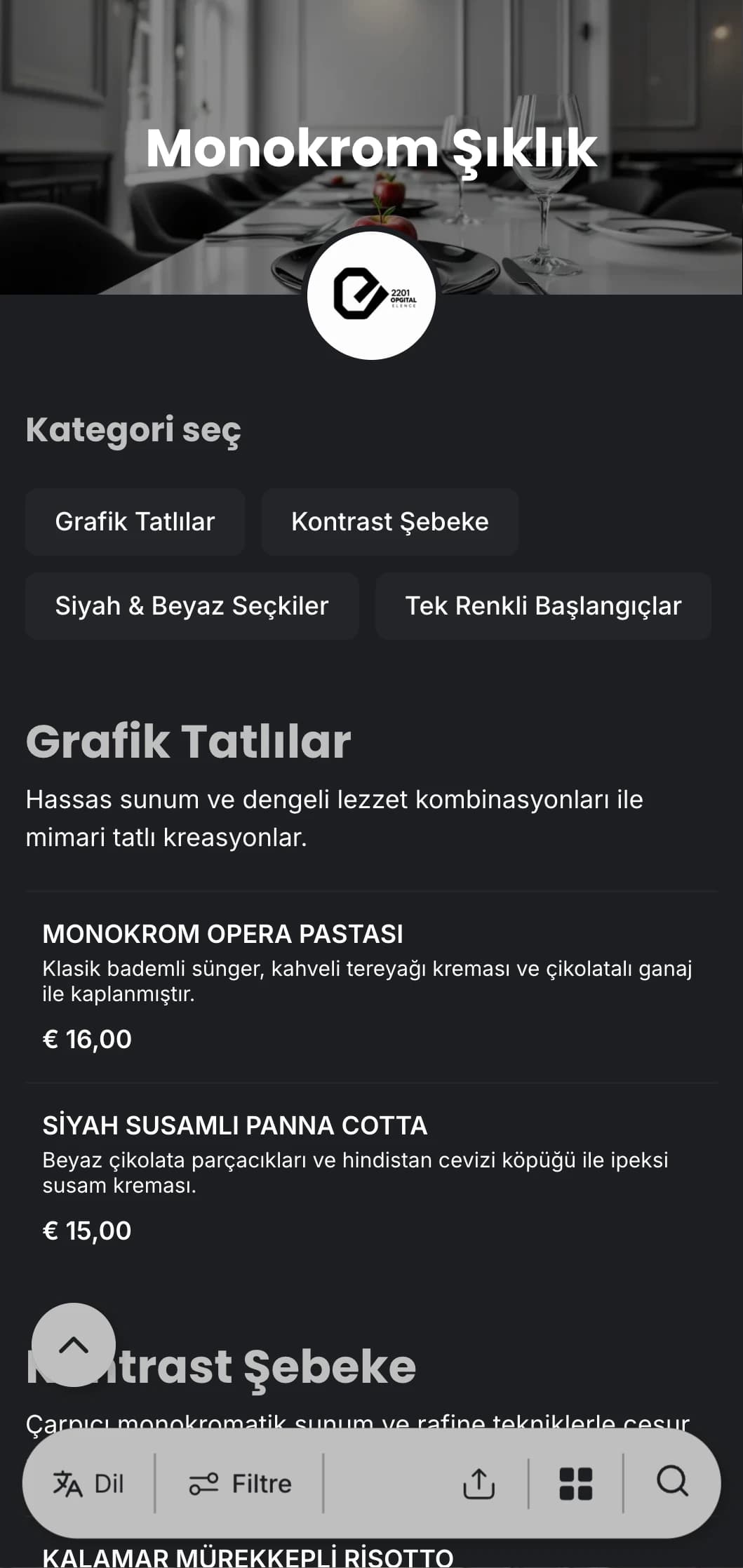 Çağdaş kaliteli yemekler için tasarlanmış, cesur tipografi ve temiz çizgilere sahip sofistike bir siyah beyaz akşam yemeği menüsü.