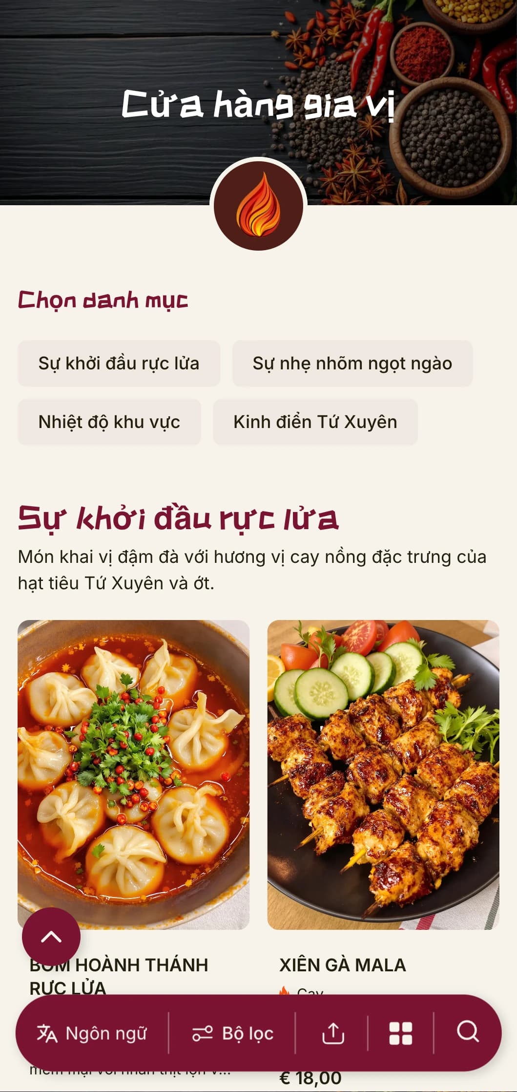 Thiết kế thực đơn Trung Hoa sống động lấy cảm hứng từ truyền thống gia vị Tứ Xuyên và Hồ Nam, với màu sắc đậm nét cho ẩm thực địa phương đích thực.