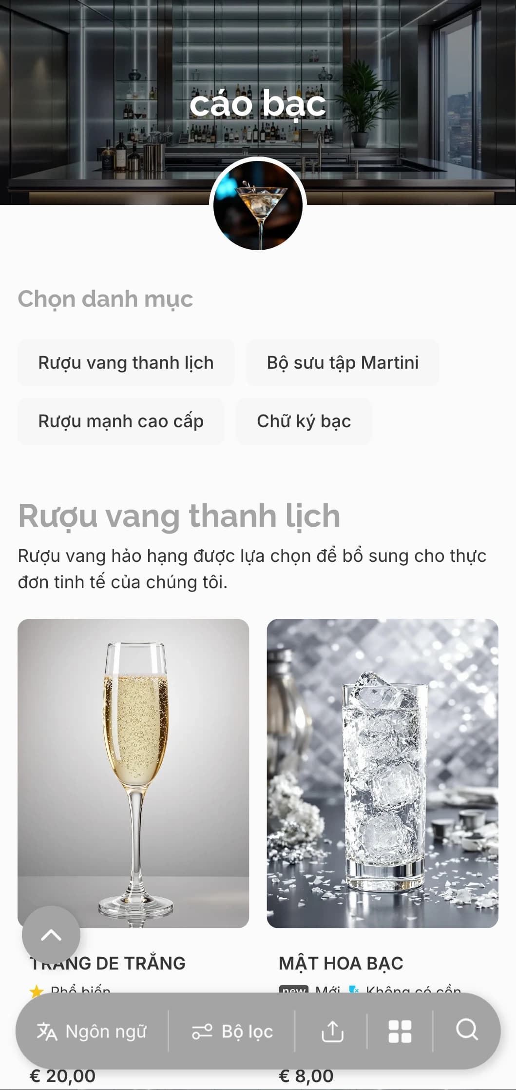 Thiết kế màu xám bạc tuyệt đẹp dành cho các quán bar và phòng chờ martini cao cấp.