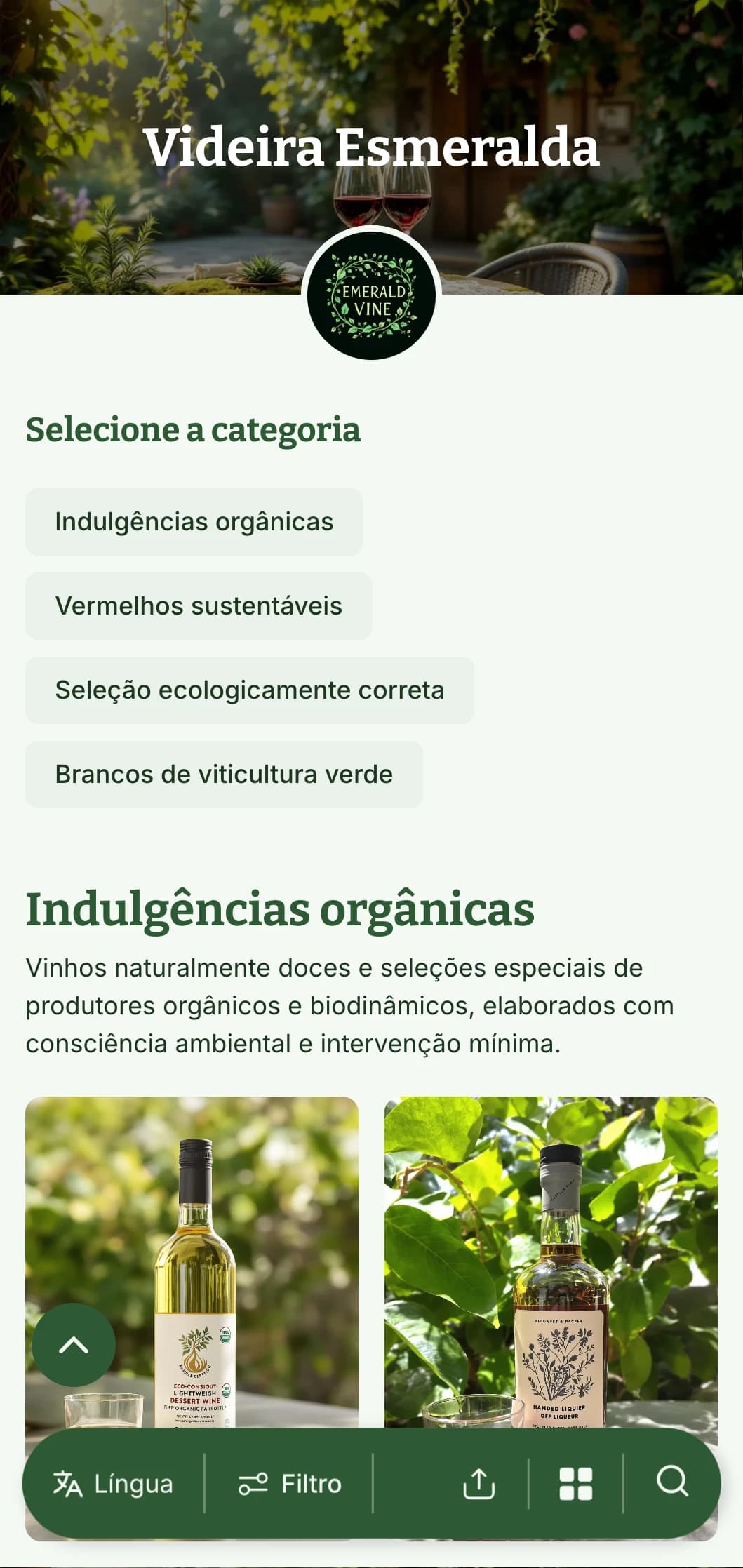 Modelo de carta de vinhos com tema verde exuberante, com elementos botânicos e texturas naturais, perfeito para seleções de vinhos orgânicos e restaurantes com jardim.