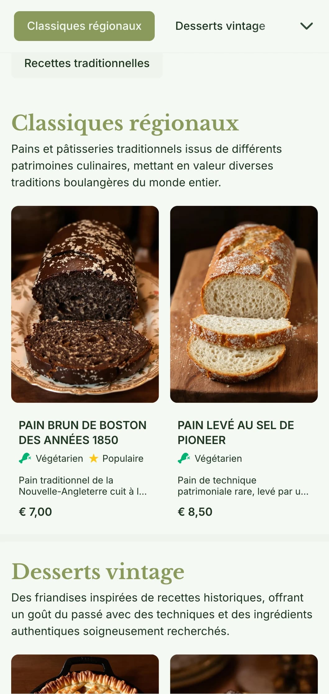 Une conception de menu de boulangerie traditionnelle, inspirée de l'héritage, avec des tons vert olive et une typographie classique, parfaite pour les boulangeries qui mettent l'accent sur les recettes historiques.