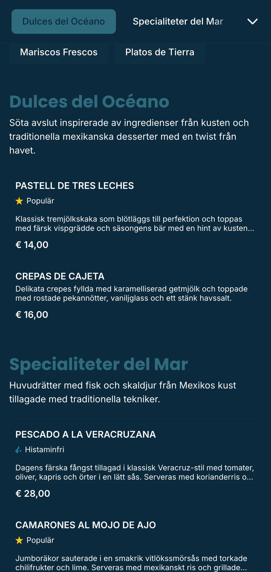 Fräsch och luftig mexikansk meny med fisk- och skaldjursspecialiteter med azurblå accenter, subtila vågmönster och strandnära atmosfär.