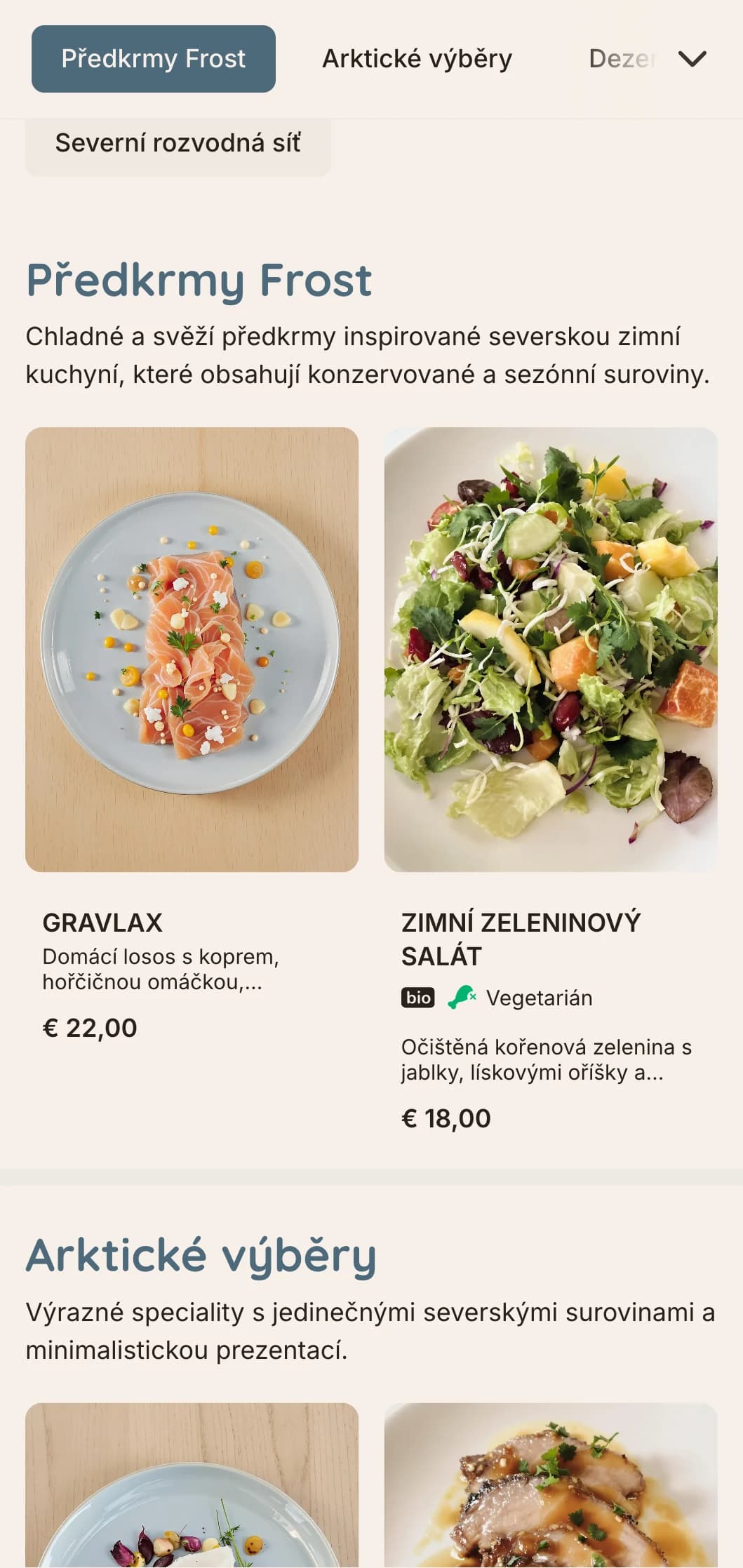 Chladné, svěží menu se skandinávskými vlivy zimy, ledově modré tóny a čisté linie, ideální pro severskou kuchyni.