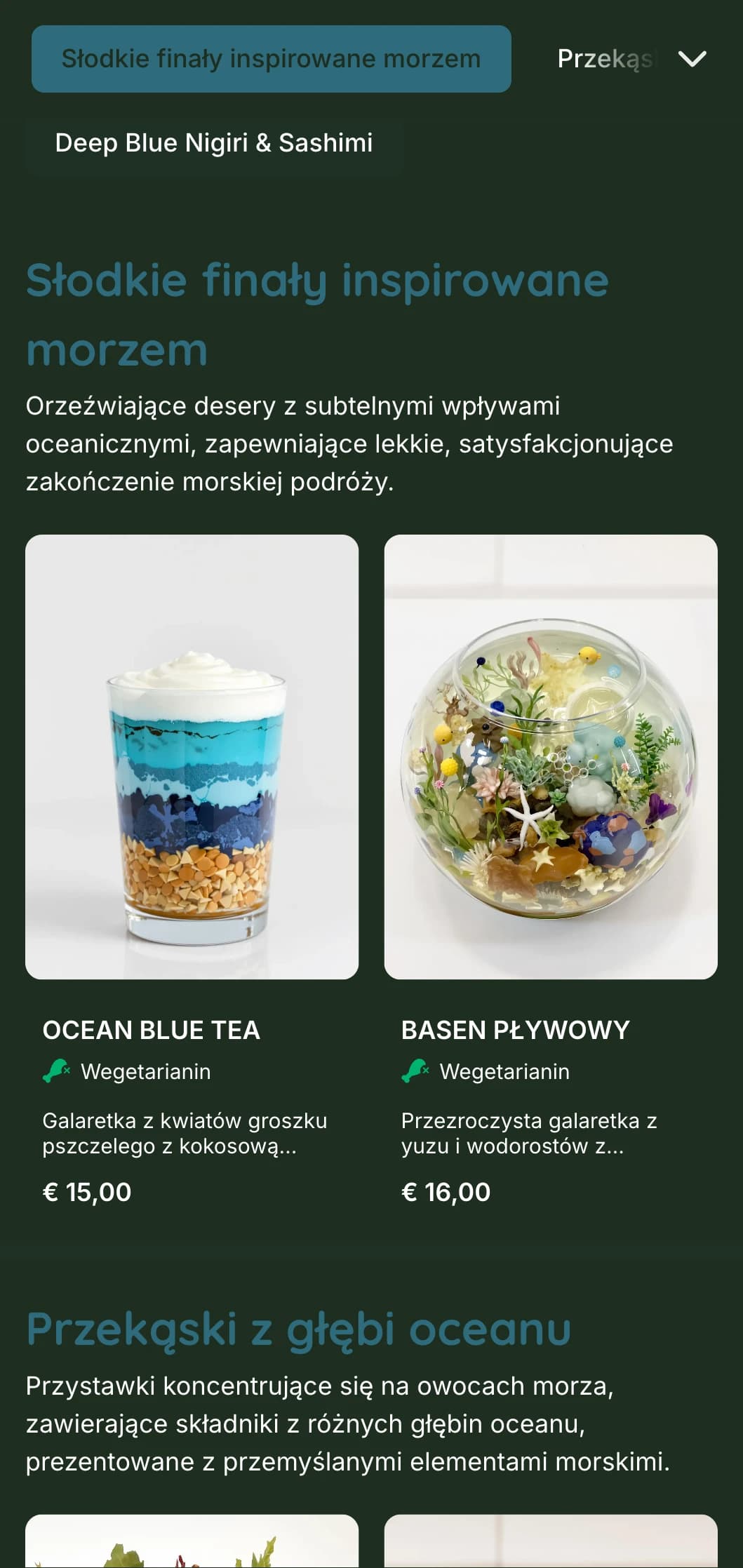 Spokojne, granatowe menu sushi inspirowane głębinami oceanu, z elementami morskimi i świeżymi owocami morza.