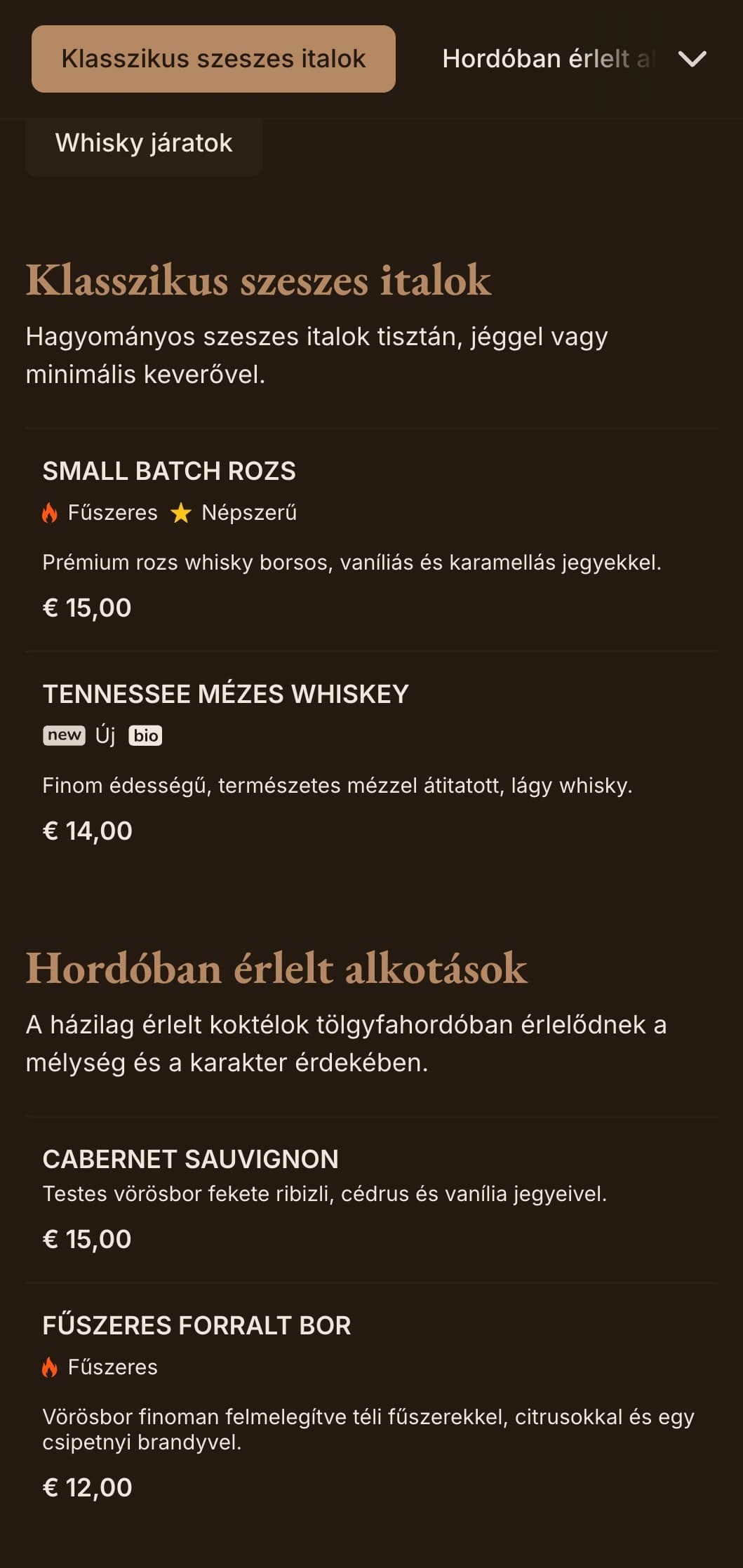 Gazdag barna tónusok klasszikus tipográfiával whiskybárok és hagyományos kocsmák számára.