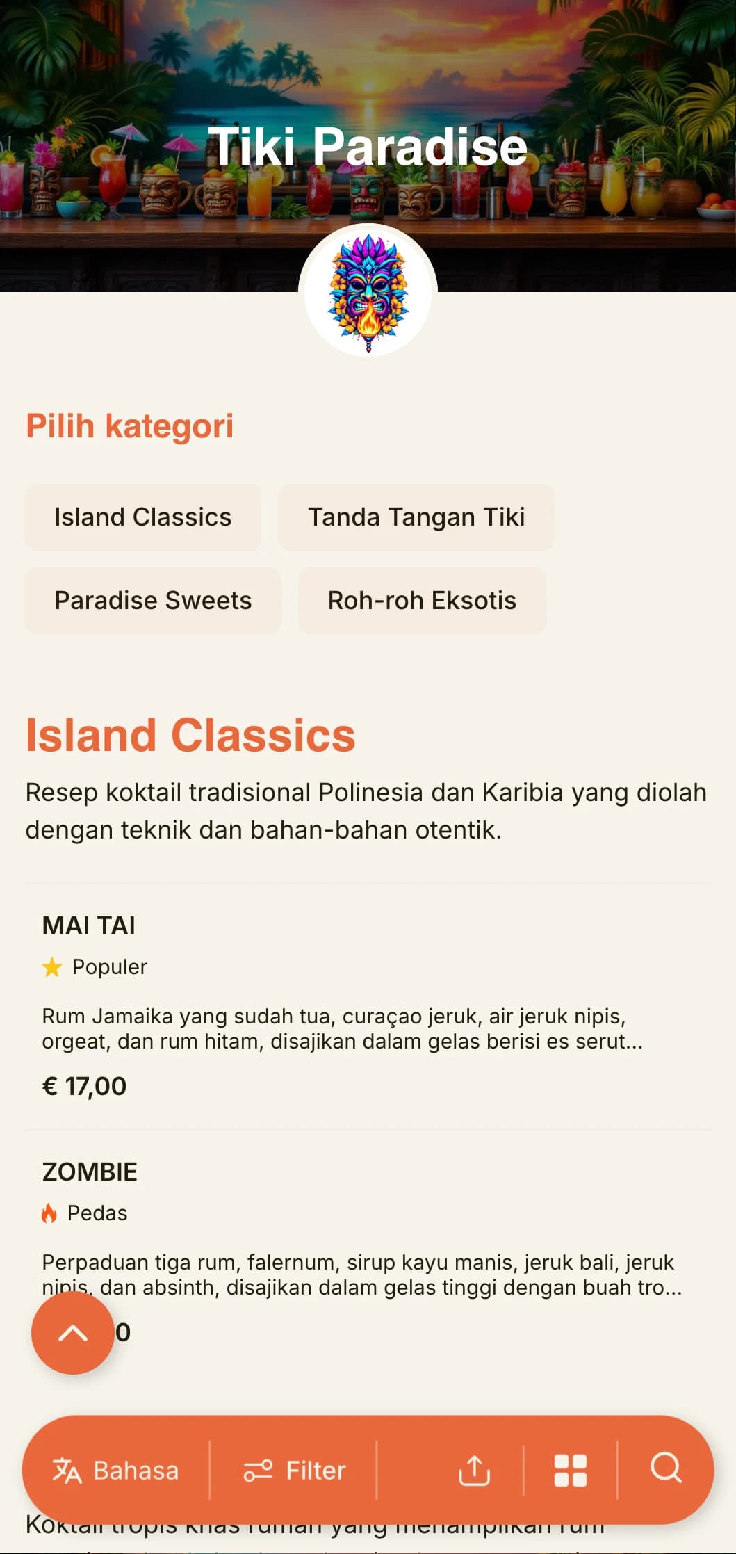 Desain eksotis dan semarak untuk bar tiki dan lounge koktail tropis yang menampilkan tipografi ceria dan warna-warna hangat.