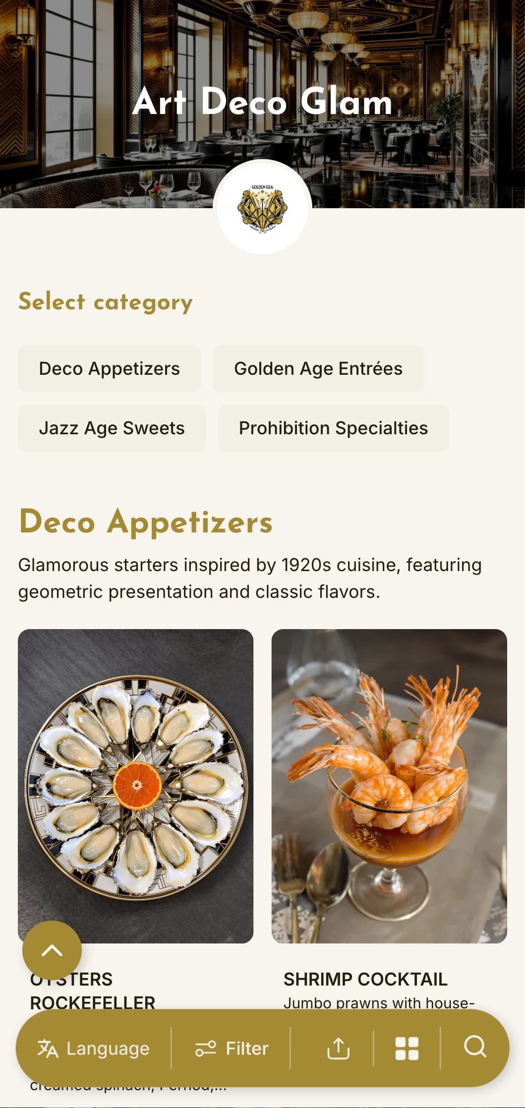 A glamorous 1920s-inspired dinner menu featuring geometric patterns and metallic accents, ideal for establishments with vintage flair.