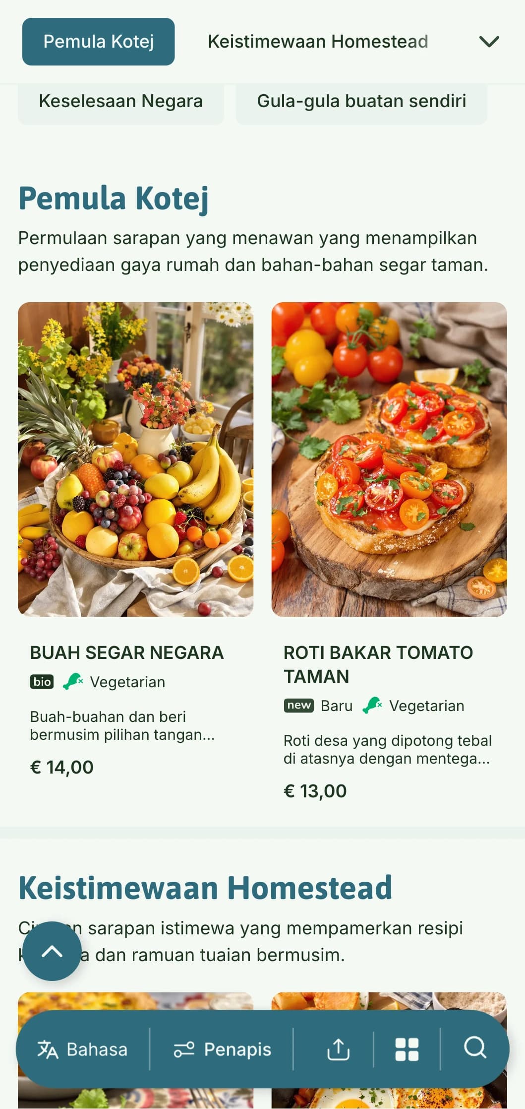 Hidangan pagi gaya rumah yang menampilkan bahan-bahan desa segar dan persembahan yang menawan untuk pengalaman sarapan yang selesa.