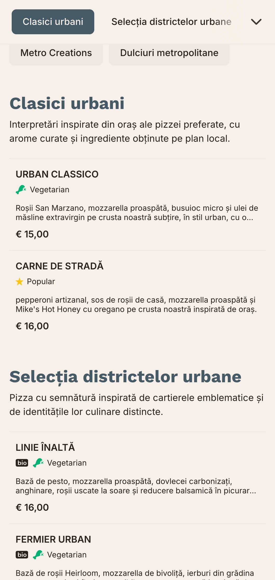 Meniu de pizza urban metropolitan cu linii curate și design contemporan pentru localuri urbane.