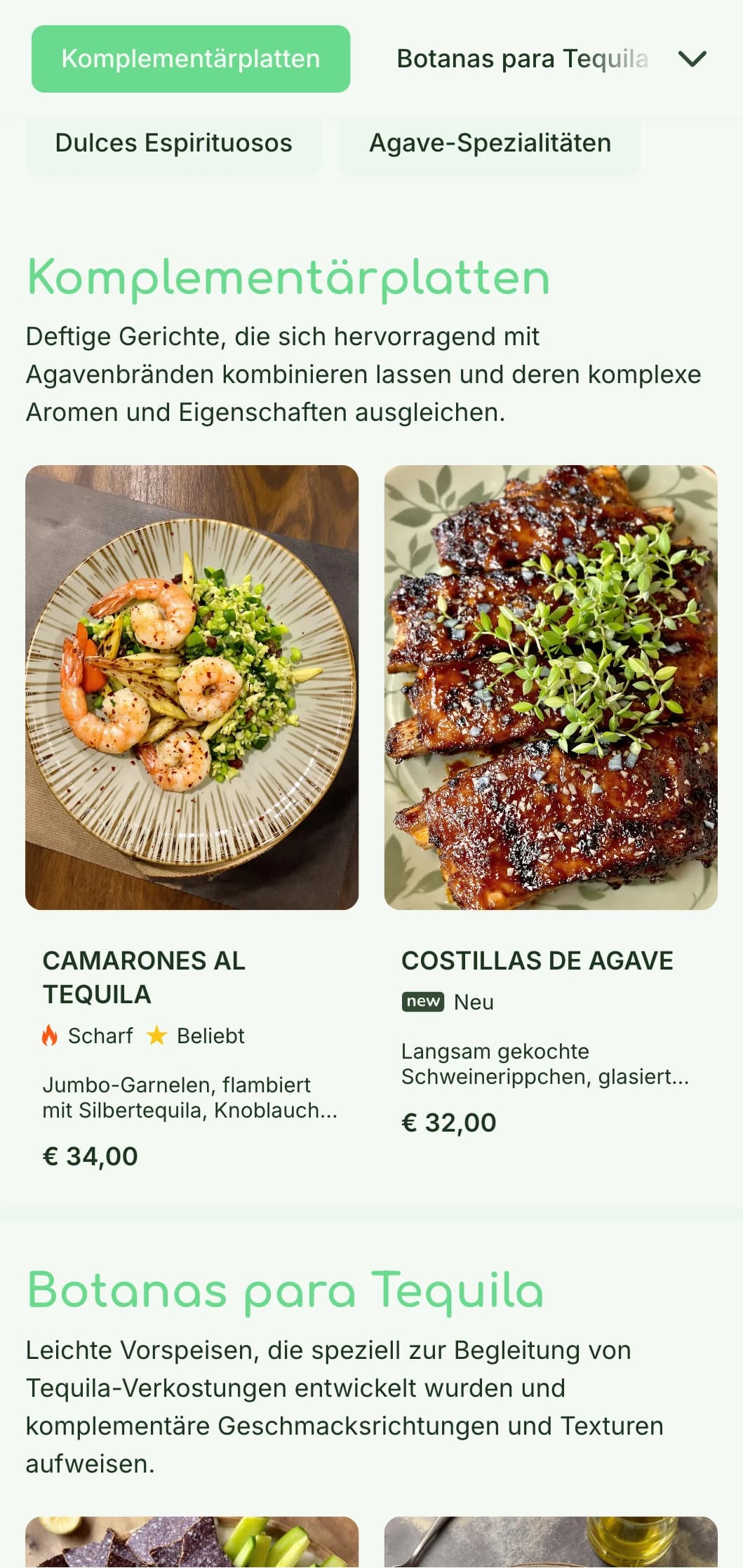 Frisches und raffiniertes Tequila-Bar-Menü mit leuchtend grünen Agaven-Akzenten, botanischen Elementen und erstklassigen Spirituosenflights mit dazu passenden Häppchen.