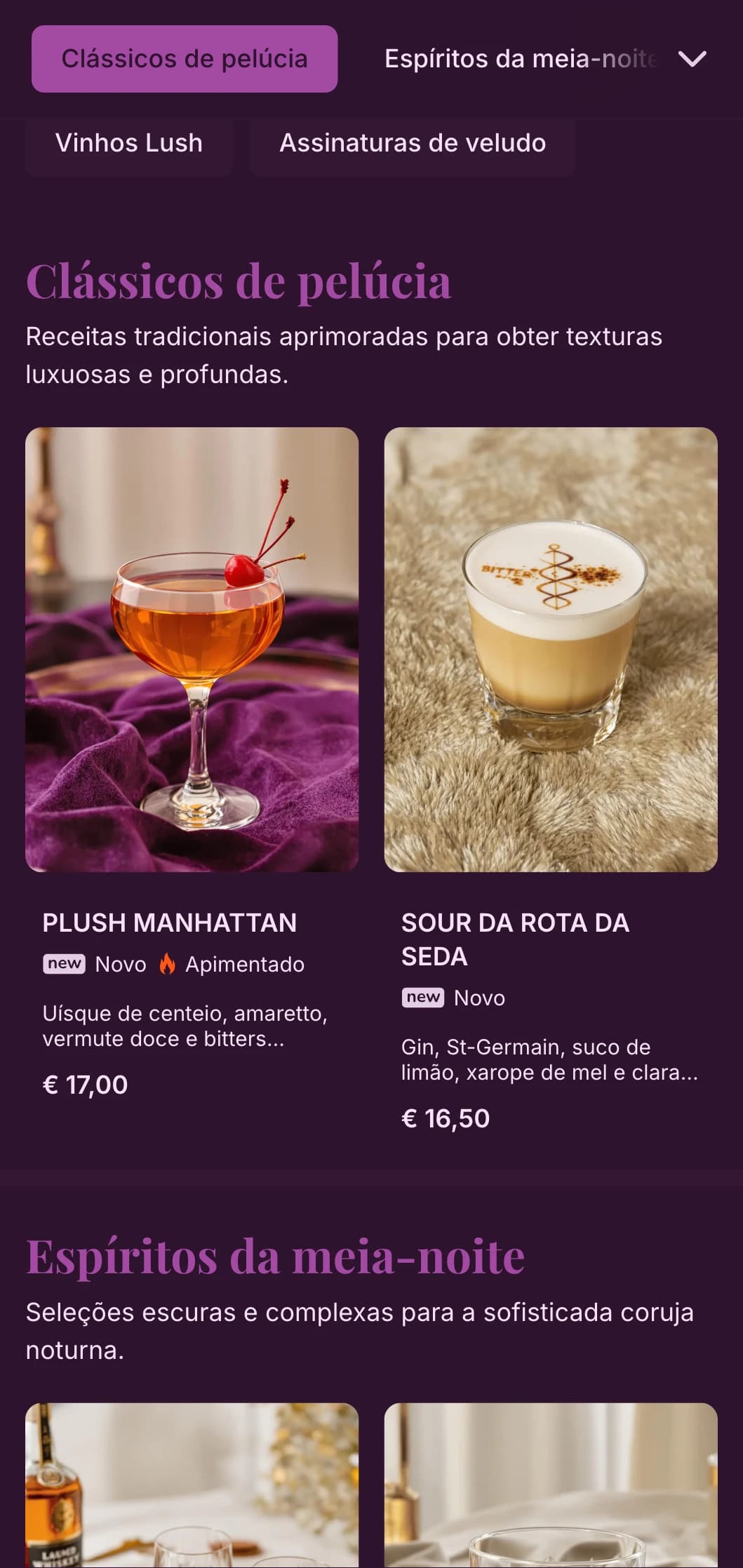 Design roxo luxuoso com texturas de veludo para locais íntimos de speakeasy.