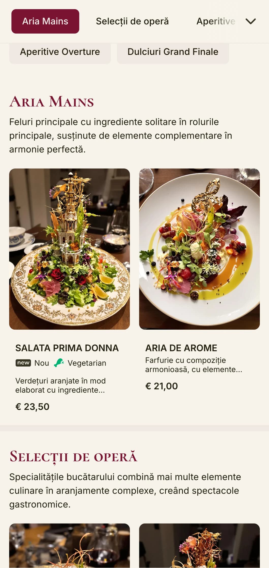 Design de meniu de prânz grandios, inspirat de muzică, cu elemente de operă și aspect dramatic, potrivit pentru restaurantele din apropierea teatrelor de operă sau cu teme muzicale.