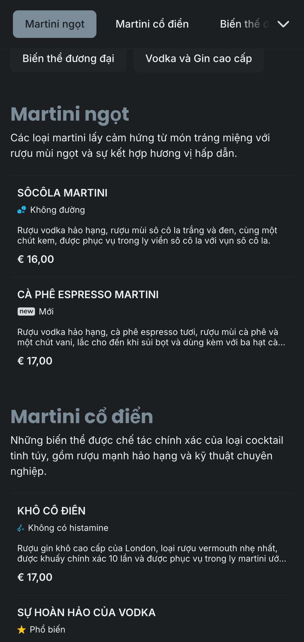 Thiết kế thực đơn tinh tế, hiện đại cho quán bar và quán rượu martini với kiểu chữ đẹp mắt và tông màu xám mát mẻ.