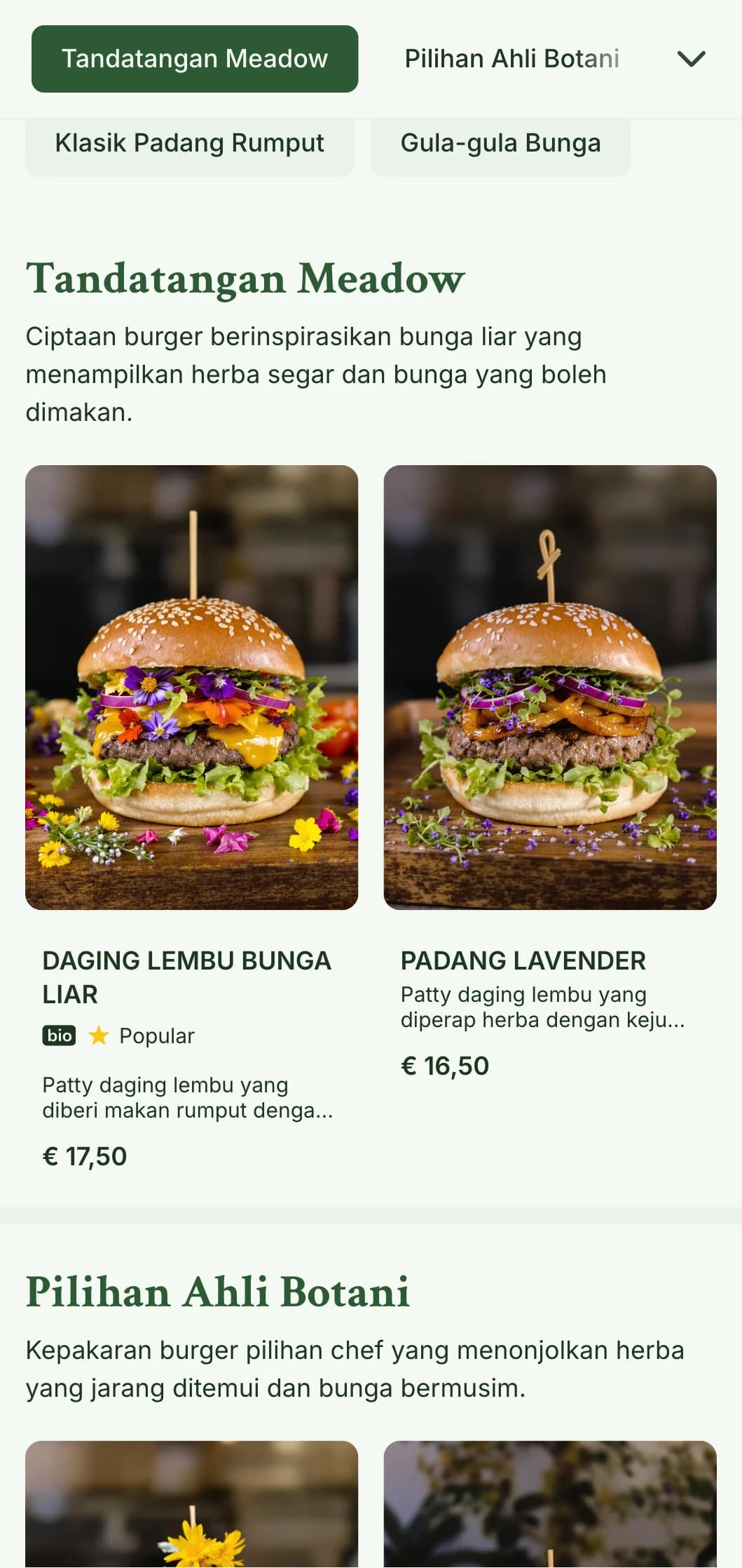 Konsep burger berinspirasikan bunga liar dan padang rumput dengan estetika semula jadi dan lapang.