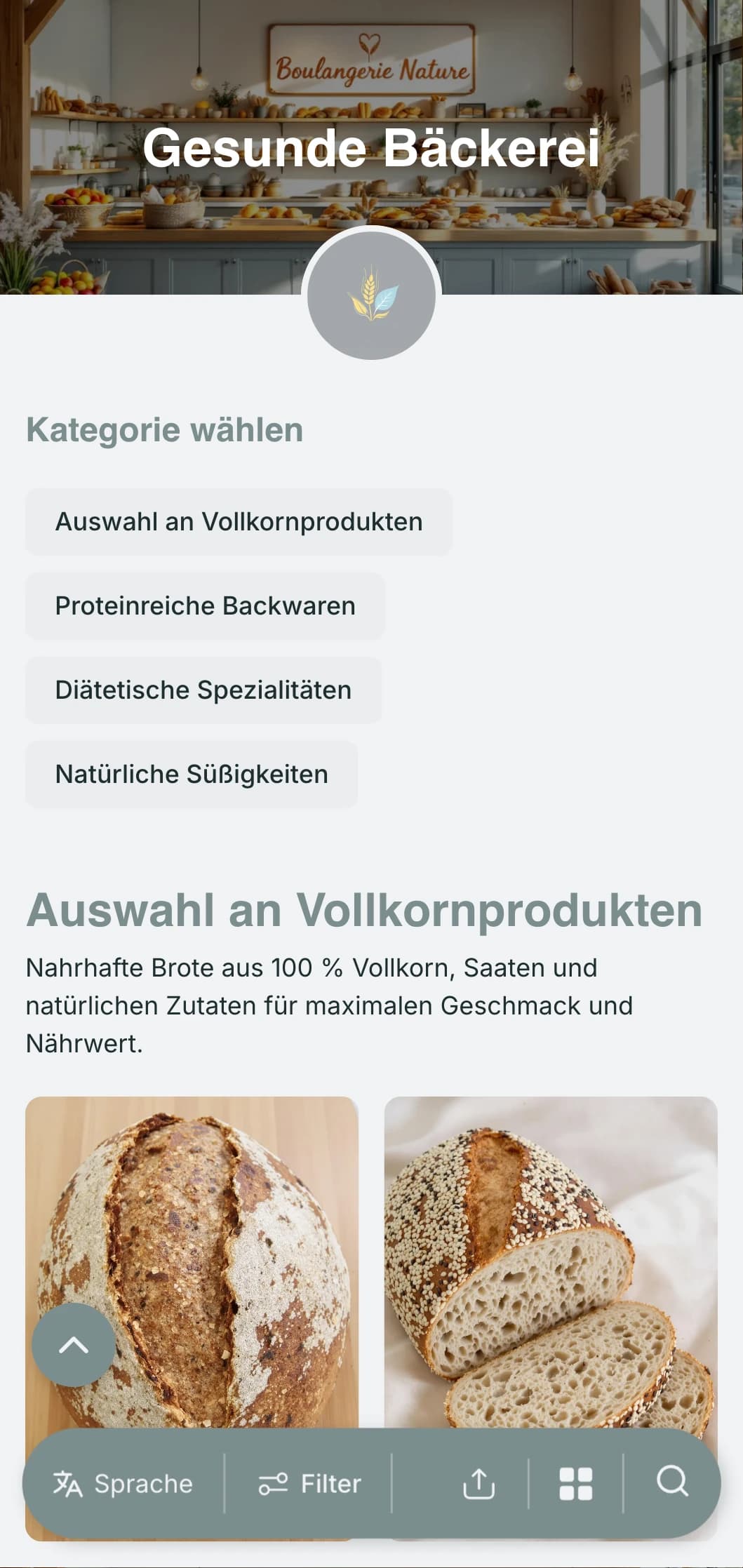 Ein gesundheitsbewusstes Bäckerei-Menü-Design mit natürlichen blaugrauen Tönen und klarer Typografie, perfekt für Bäckereien, die sich auf gesunde Zutaten und Diätoptionen konzentrieren.