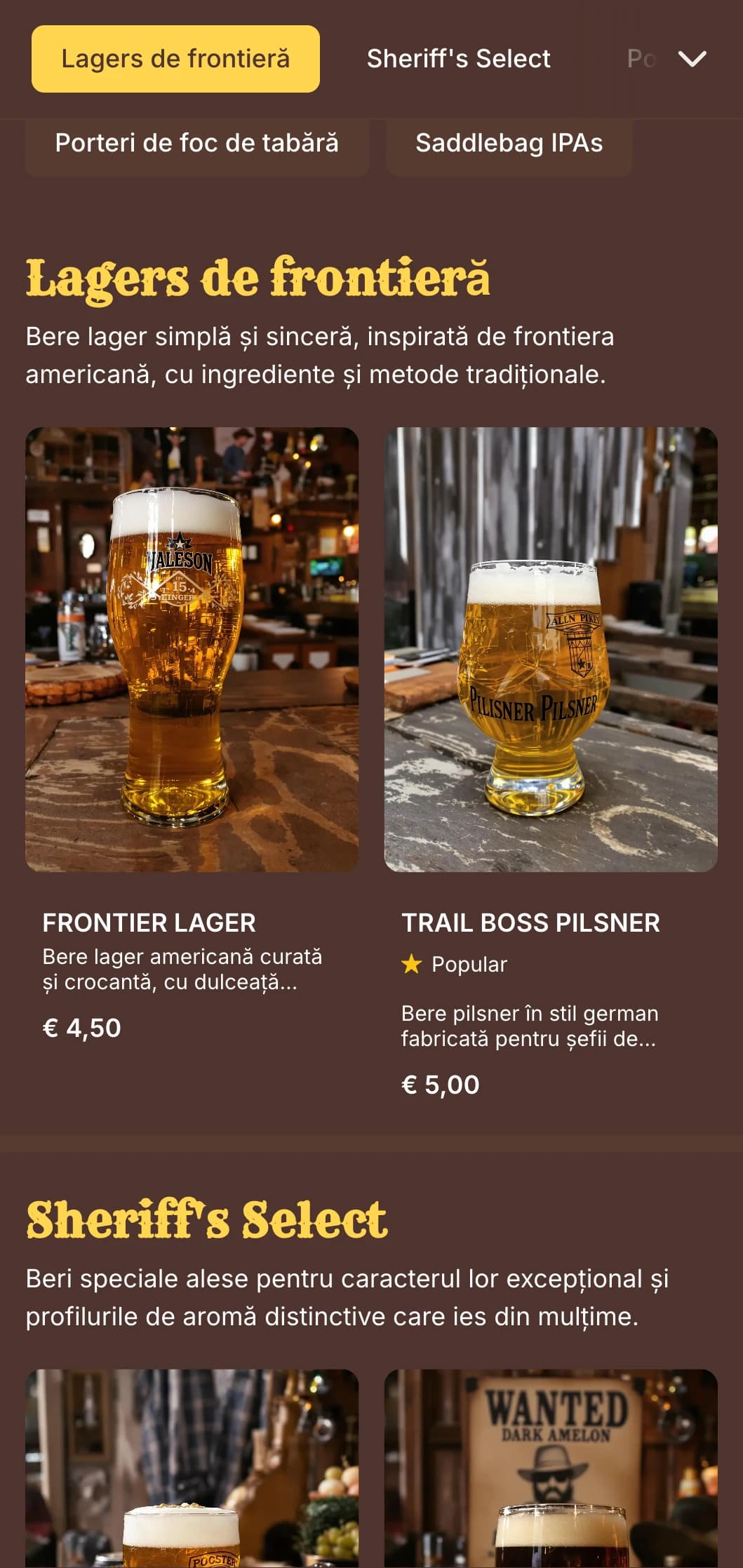 Design inspirat de frontieră, cu texturi de vreme și tipografie western, perfect pentru baruri în stil saloon și brewpub-uri tematice.