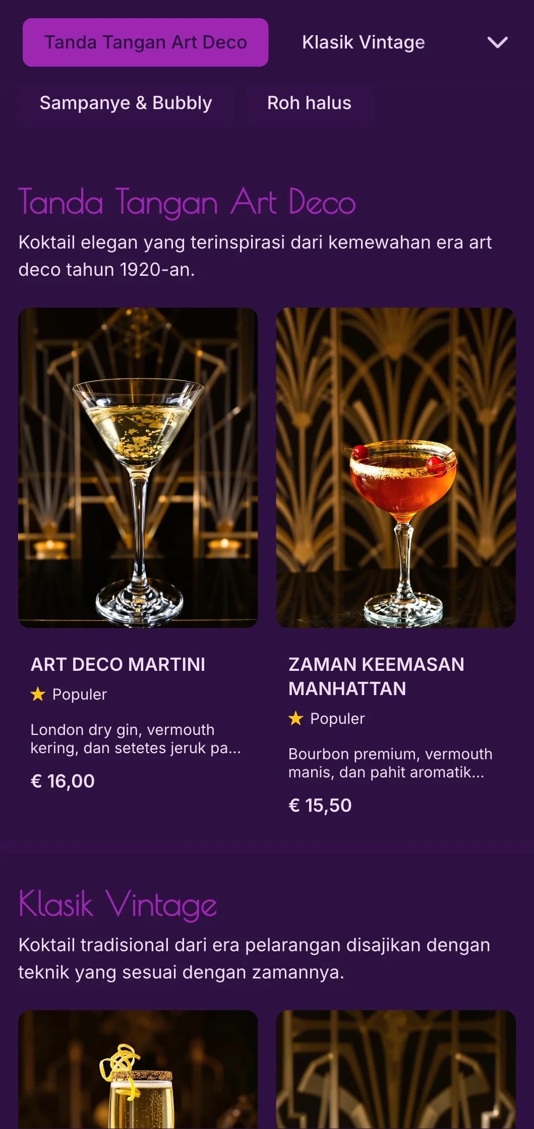 Desain ungu dan emas yang elegan terinspirasi dari art deco tahun 1920-an untuk lounge koktail kelas atas.