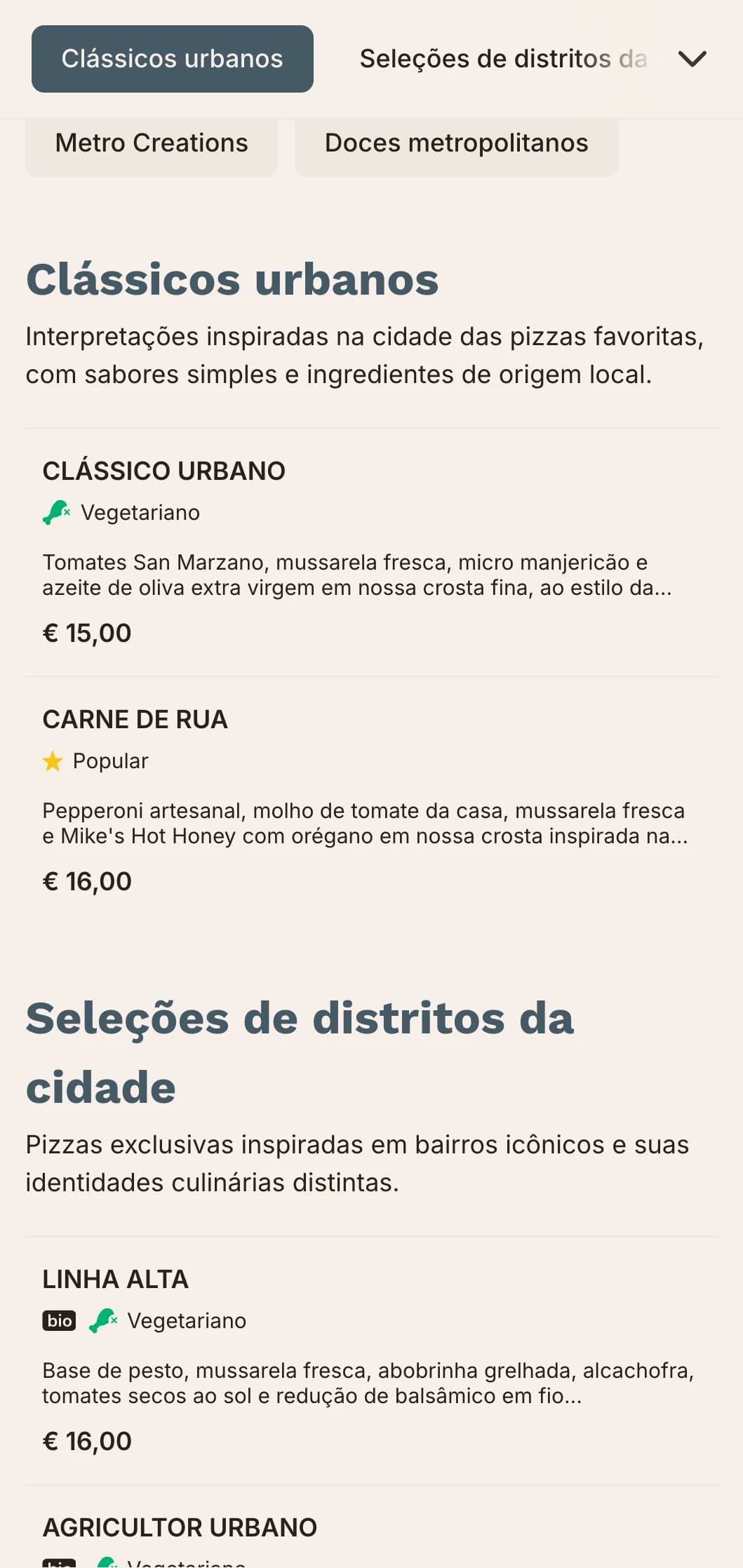 Menu de pizza metropolitana urbana com linhas limpas e design contemporâneo para locais na cidade.