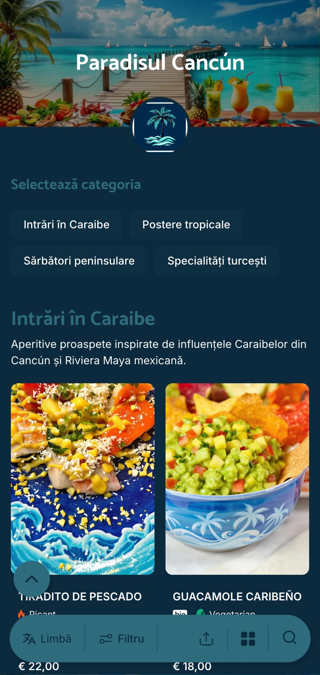 Meniu luminos și răcoritor în stațiunea Cancún, cu accente de apă turcoaz, bucătărie pe plajă și mâncăruri inspirate din vacanță.