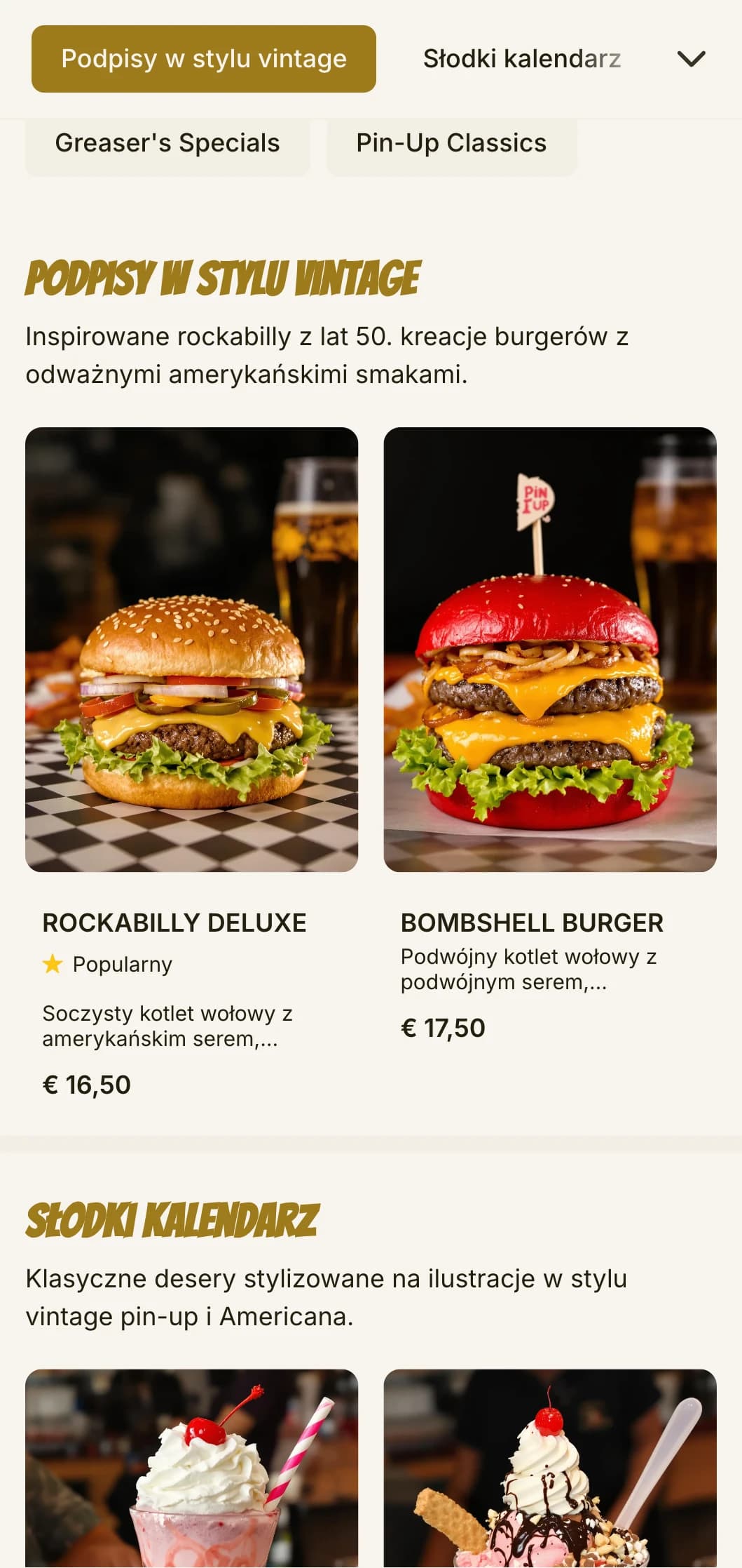 Burgerownia inspirowana stylem rockabilly ze sztuką pin-up w stylu vintage i nostalgią za latami 50-tymi.