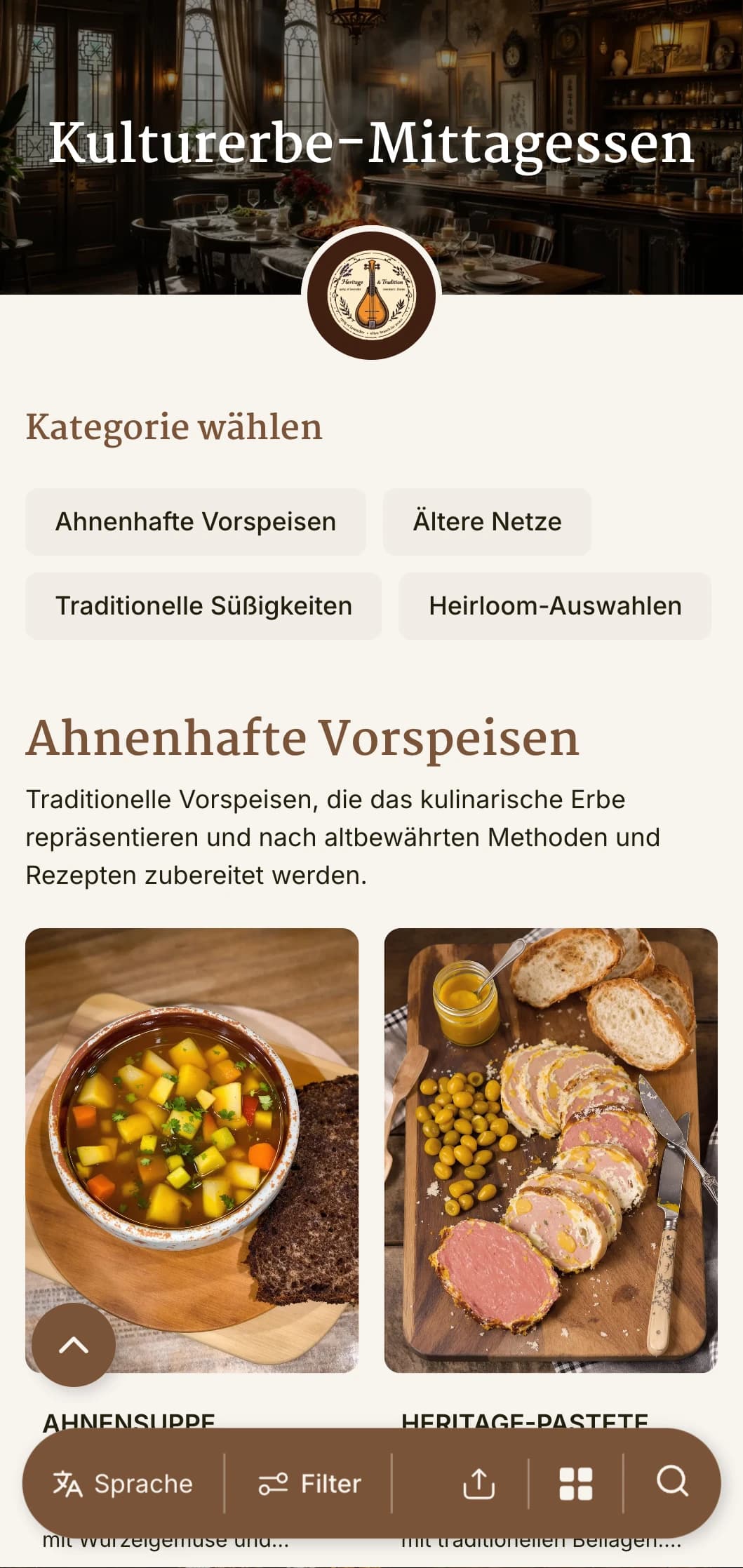 Traditionelles, vom kulturellen Erbe inspiriertes Design für Mittagsmenüs mit historischen Elementen und zeitloser Typografie, perfekt für denkmalgeschützte Restaurants und Einrichtungen mit kultureller Bedeutung.