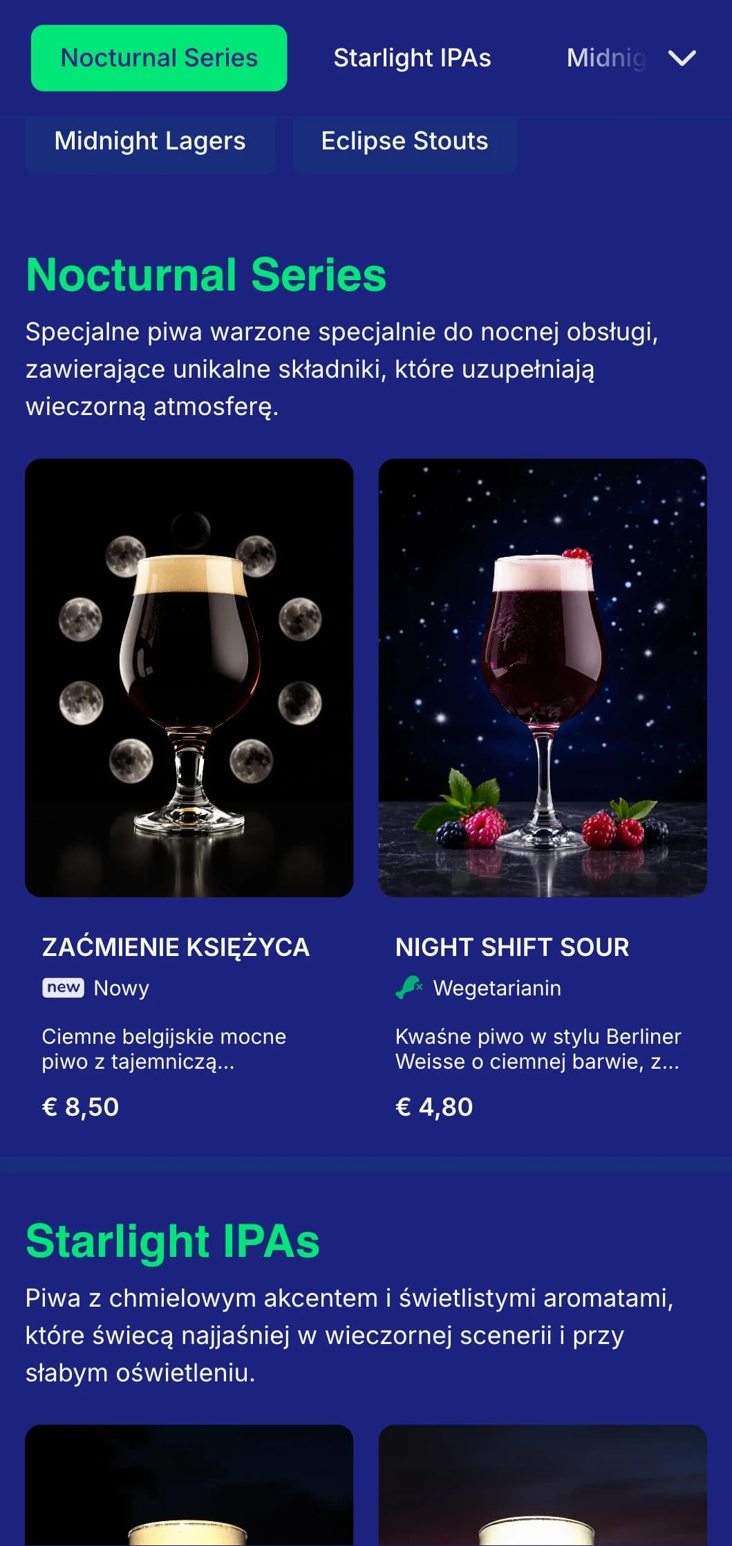 Mroczny i tajemniczy design z odcieniami błękitu o północy i księżycowymi elementami, idealny do wieczornych lokali i nocnych browarów.