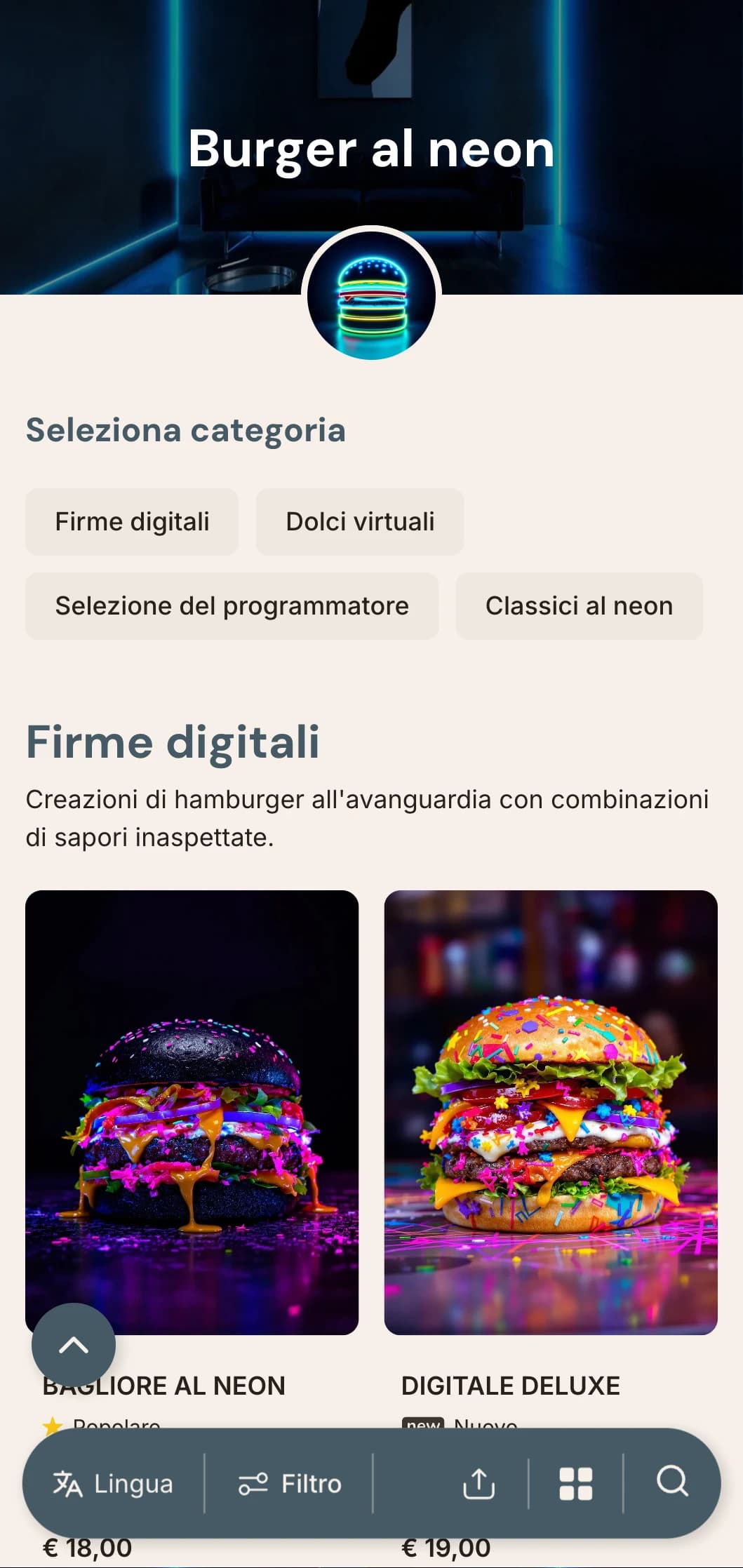 Vibrante burger bar ispirato alla vita notturna con accenti al neon e atmosfera urbana contemporanea.